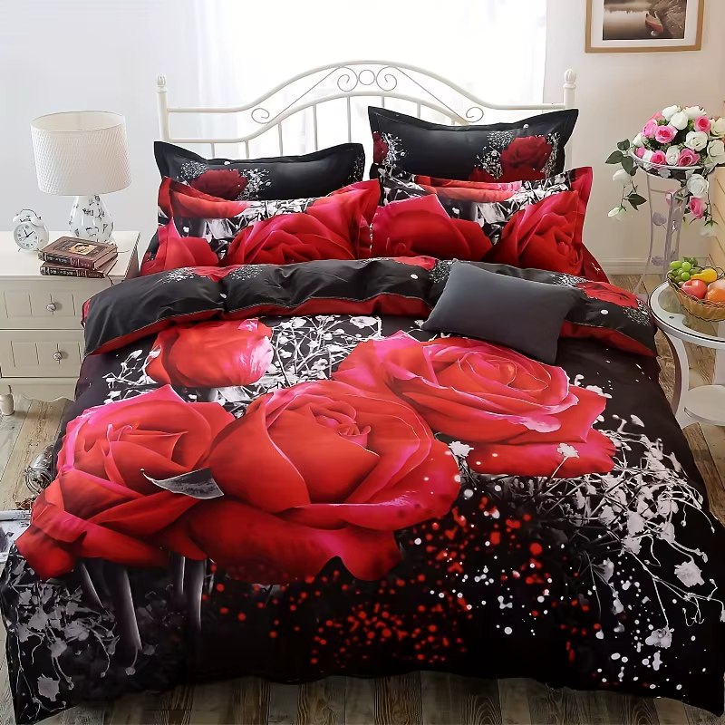 Ensemble de housse de couette 2/3 pièces, ensemble de literie imprimé Rose rouge, housse de couette 