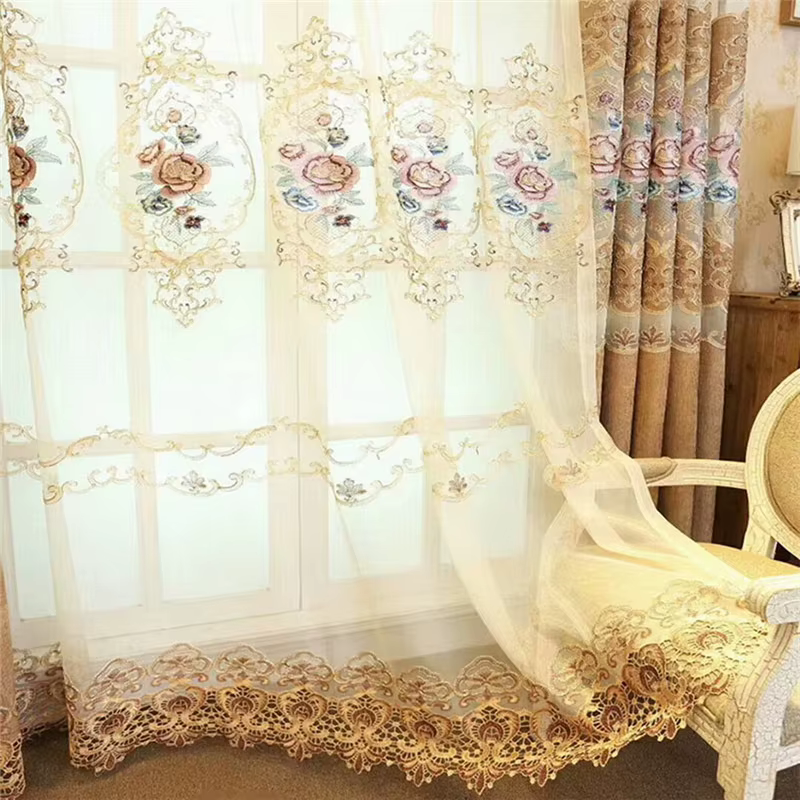Rideaux luxueux brodés de pivoines beiges, pour salon, semi-affaissement, pour chambre à coucher, Vi