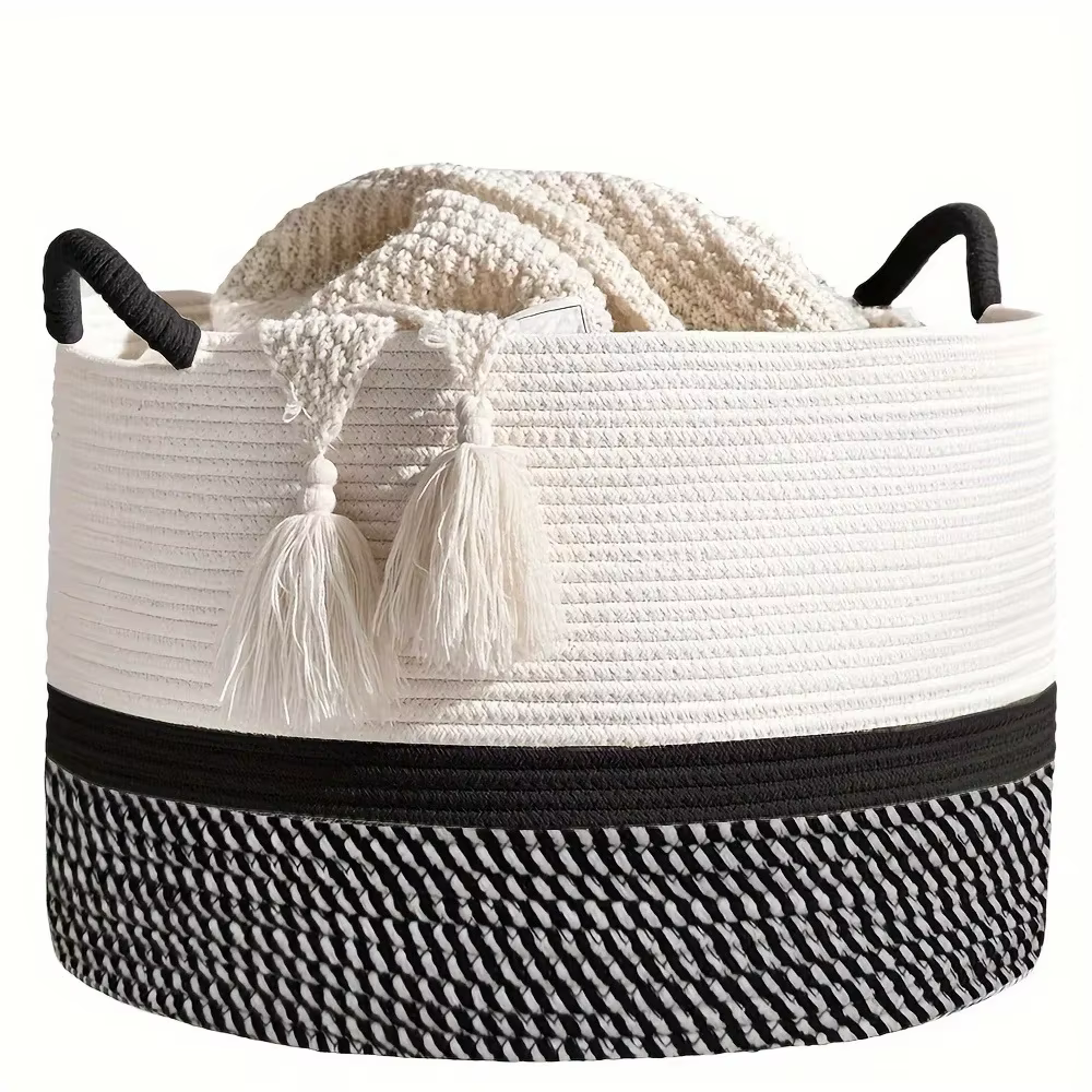 Panier de rangement tissé King-size, panier de couverture en corde de coton pour salon, panier à lin