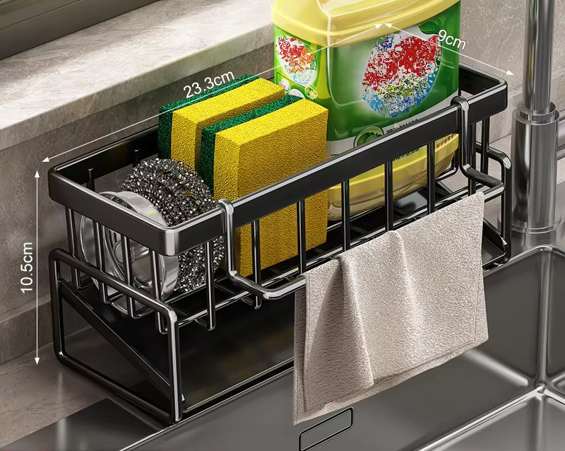 Égouttoir de cuisine en acier inoxydable avec barre porte-serviettes, support pour éponge et savon, 