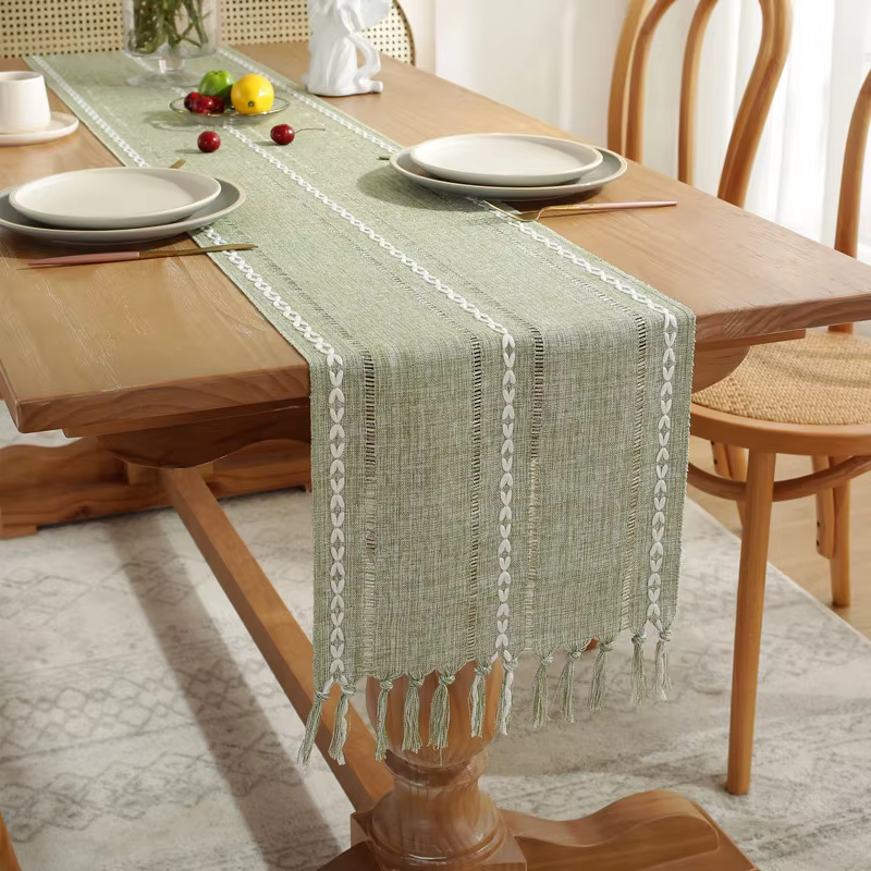 Chemin de table en coton et lin vert sauge, chemins de table en macramé de ferme pour décoration de 
