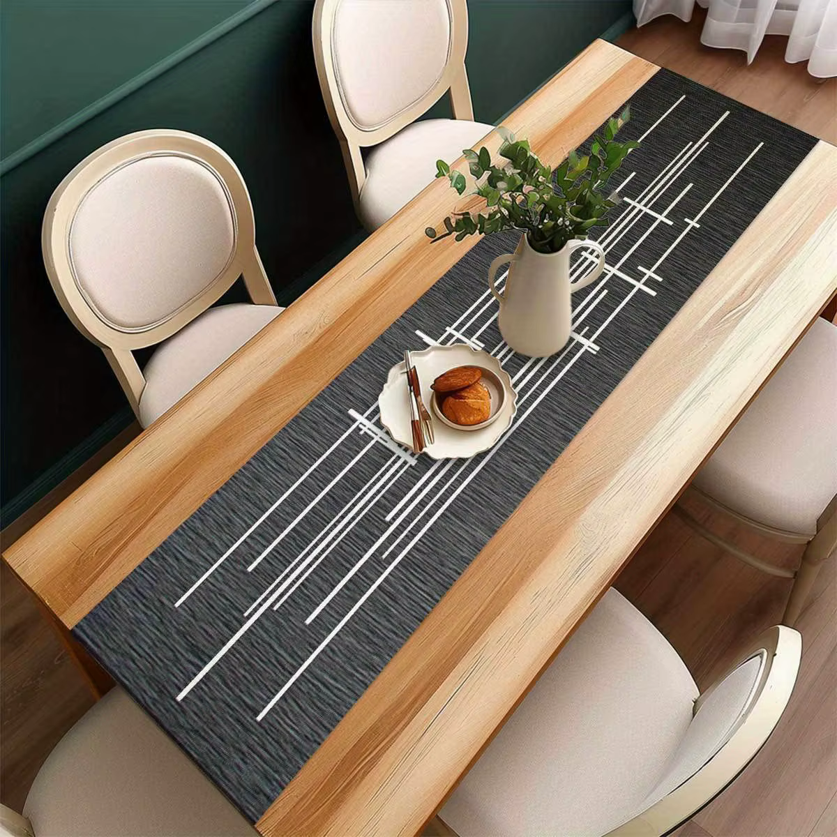Chemin de table rayé noir et blanc de style nordique, tissu de décoration de table à texture géométr