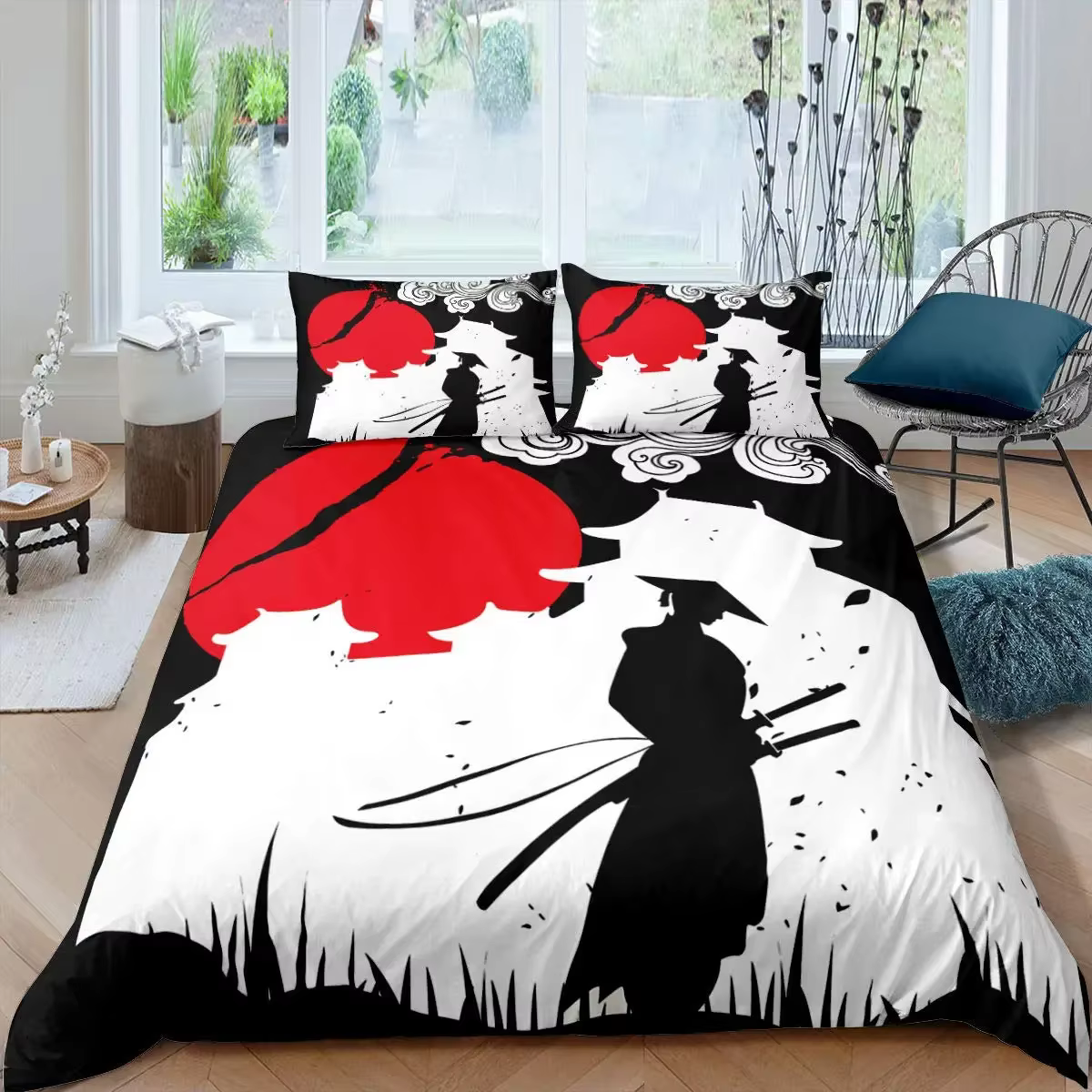 Parure de lit samouraï japonais, housse de couette avec Silhouette de bâtiment de paysage de coucher