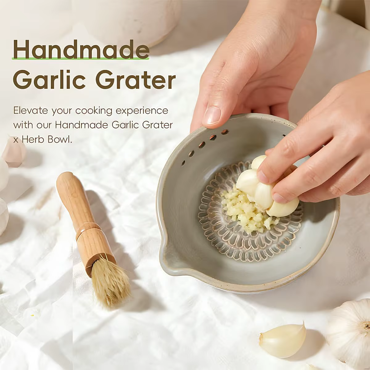 Râpe à ail artisanale et bol à herbes - Outil de cuisine multifonctionnel 2-en-1 : bol en céramique 