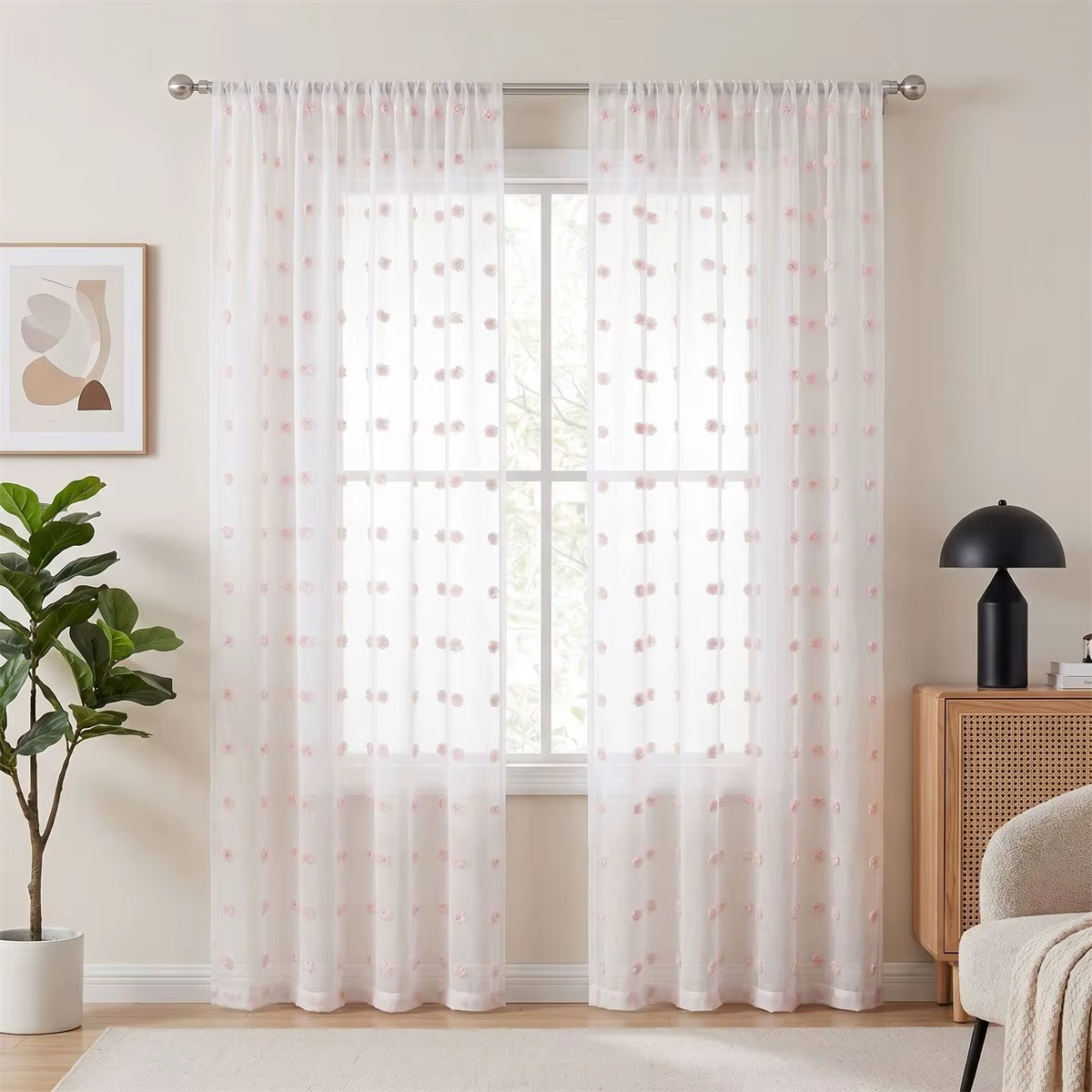 Voilage rose à pompons avec passe-tringle, jacquard 3D à pompons, en polyester doux, filtrant la lum