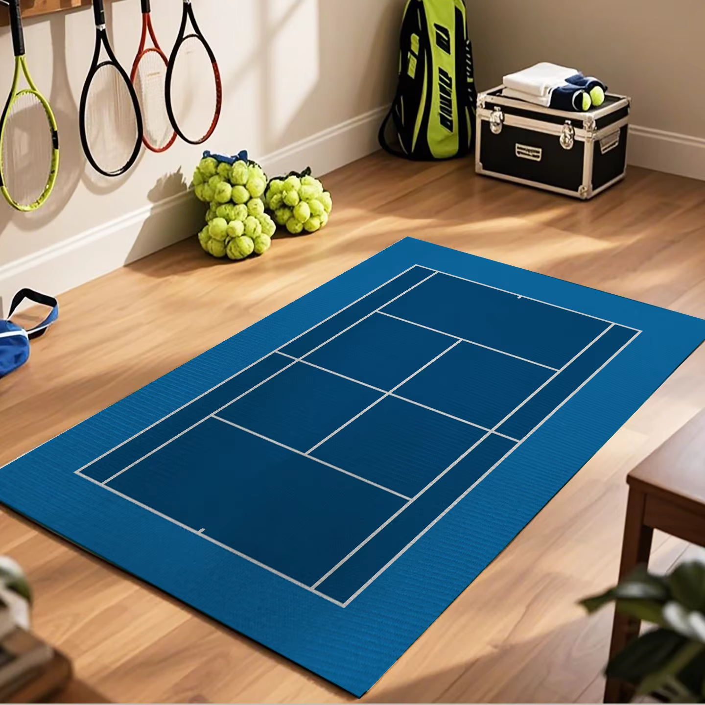 Grand tapis de salon à motif de terrain de Tennis, bordure verte avec motif de cour bleue, antidérap
