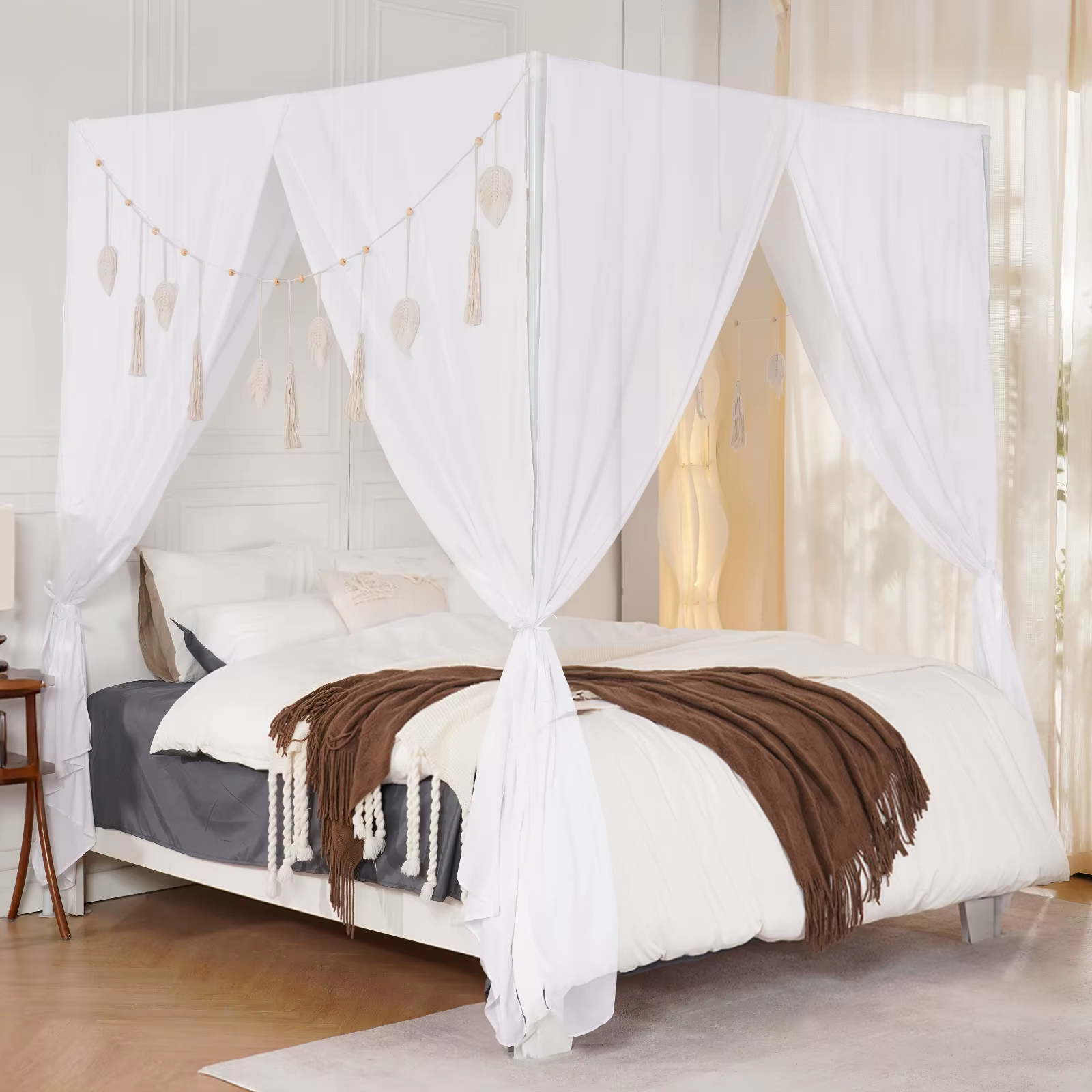 Rideaux de lit à baldaquin à 4 ouvertures, avec pompon Boho, auvent et rideaux de lit de princesse, 