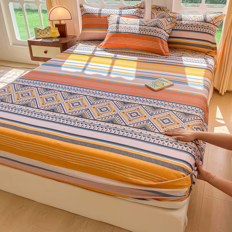 Drap-housse en coton mélangé brossé, style bohème, imprimé géométrique, avec bande élastique, pour l