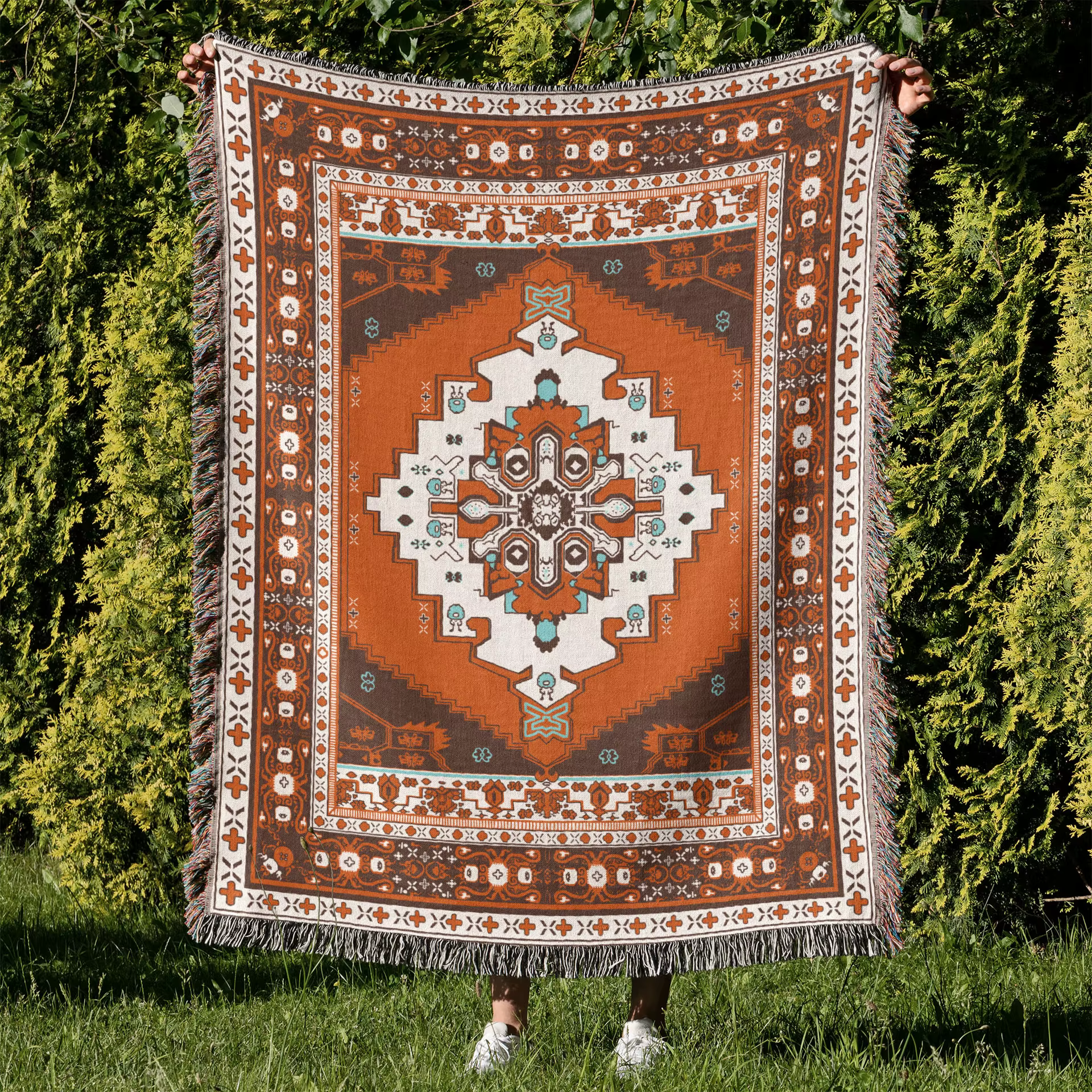 Couvertures en lin tribal à carreaux avec pompon, tapis d'extérieur, couverture de pique-nique de ca