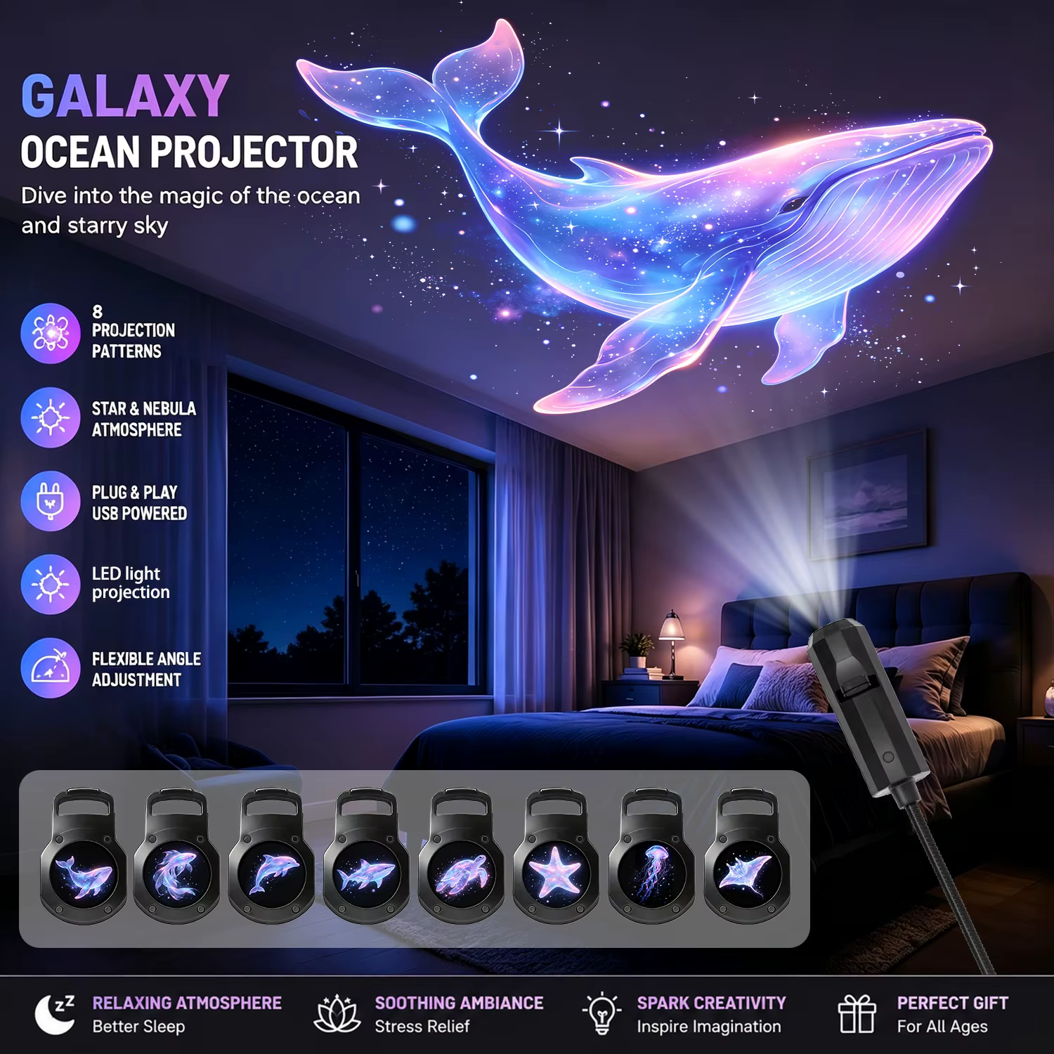 Lampe projecteur sur le thème de l'océan, alimentée par USB, crée une scène romantique de fond de me