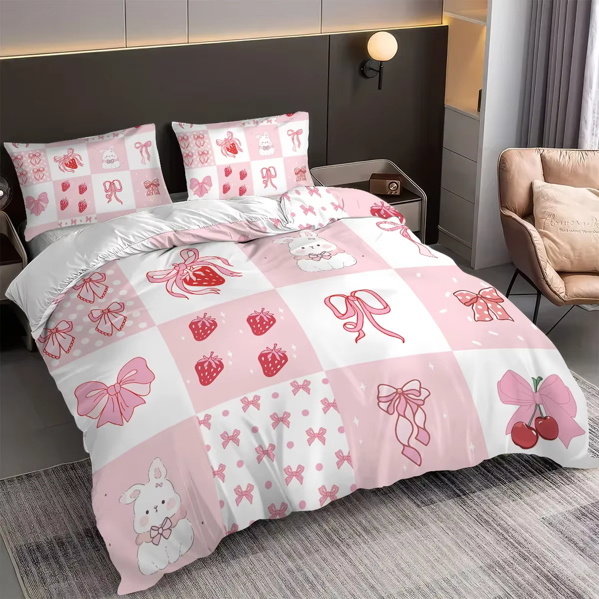 Parure de lit avec nœud de lapin rose imprimé fraise (1 jeu + 2 taies d'oreiller, sans noyau), liter