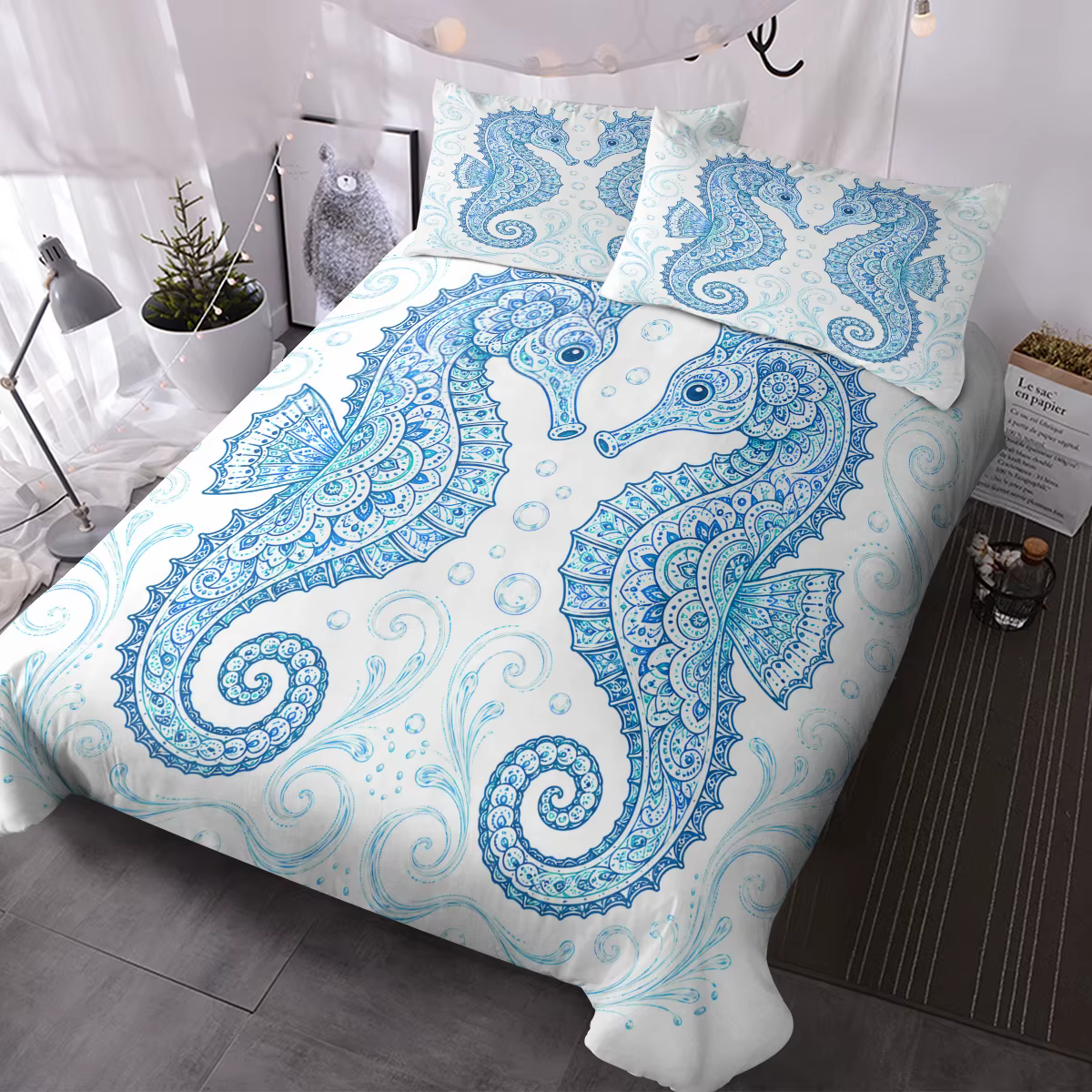 Ensemble de 3 housses de couette douces avec fermeture éclair, lavables, motif bohème bleu, animaux,