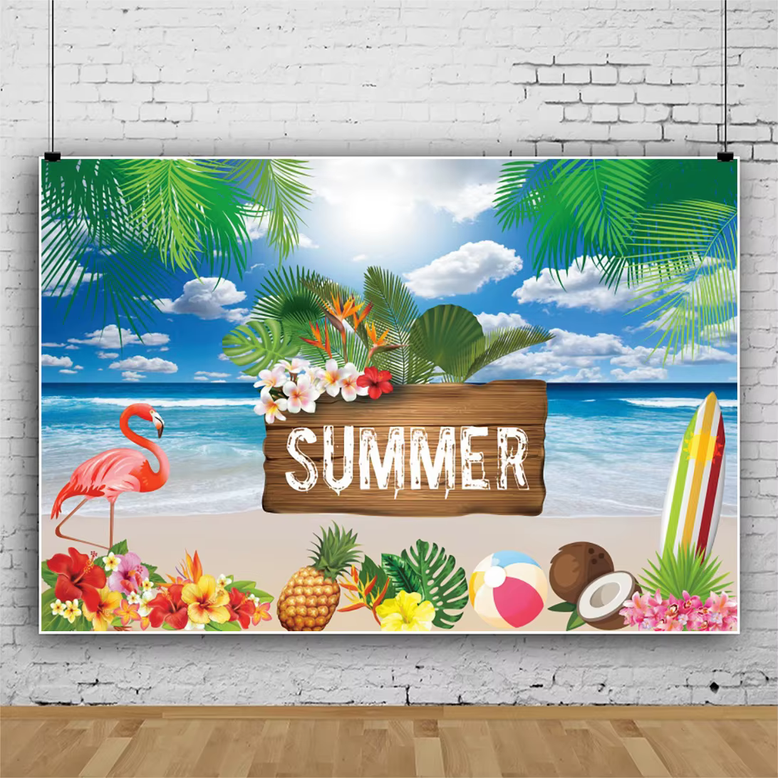 Été Hawaii plage toile de fond fleurs tropicales Aloha Luau mer planche de surf fête de vacances ann