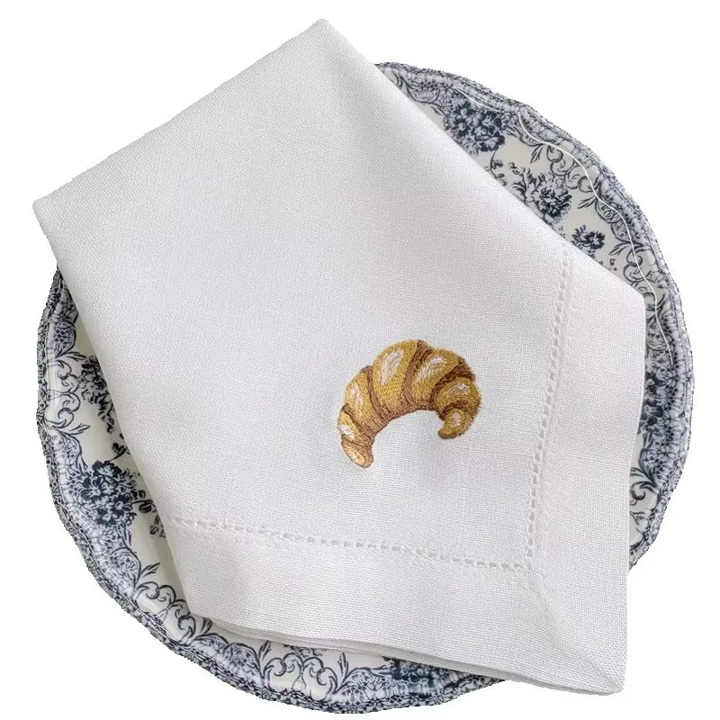 Serviette en lin brodée Croissant, serviette blanche personnalisée, décoration de table, serviette r