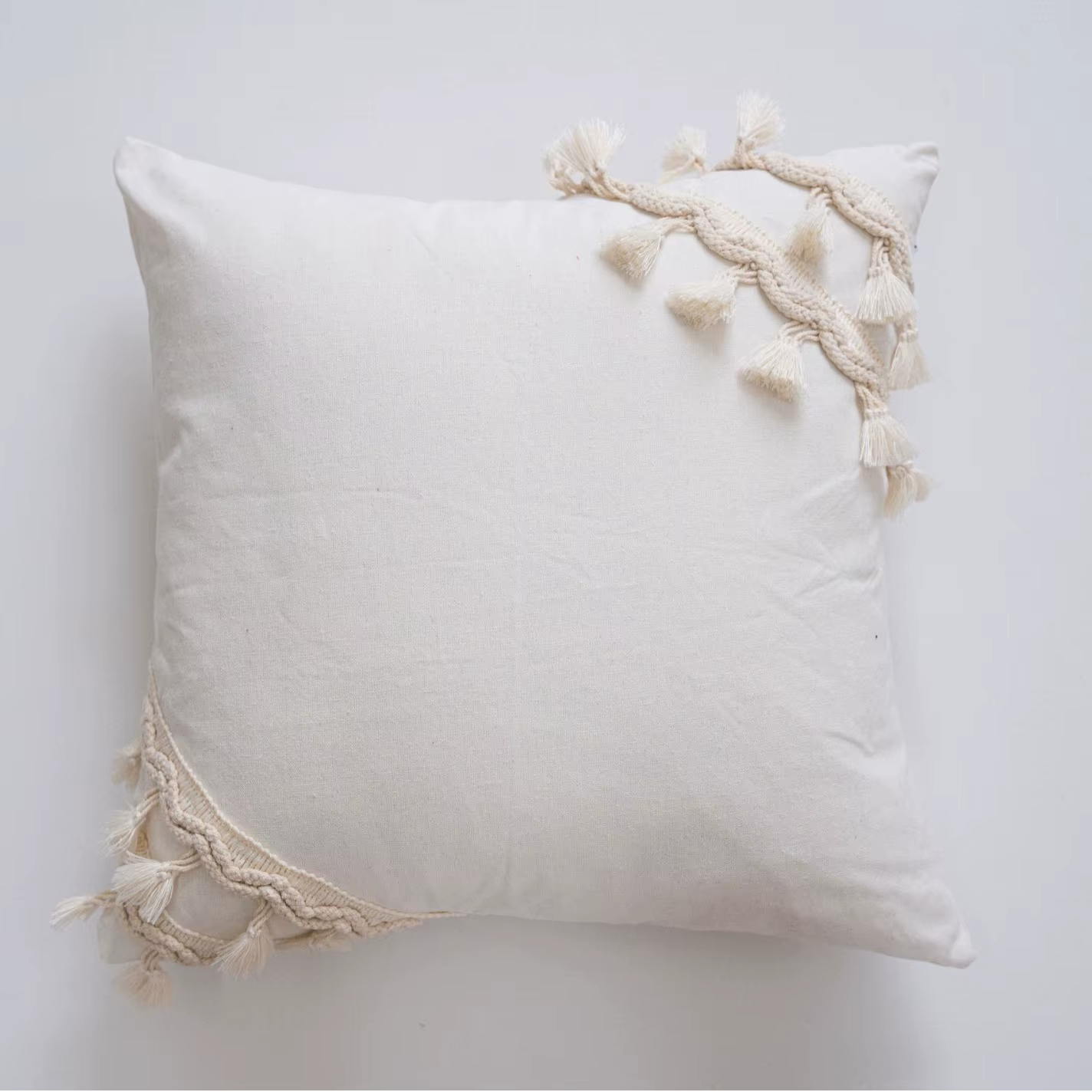 Housse de coussin carrée en lin et coton, 60x60cm, Wabi Sabi, garniture à franges Beige, taie d'orei