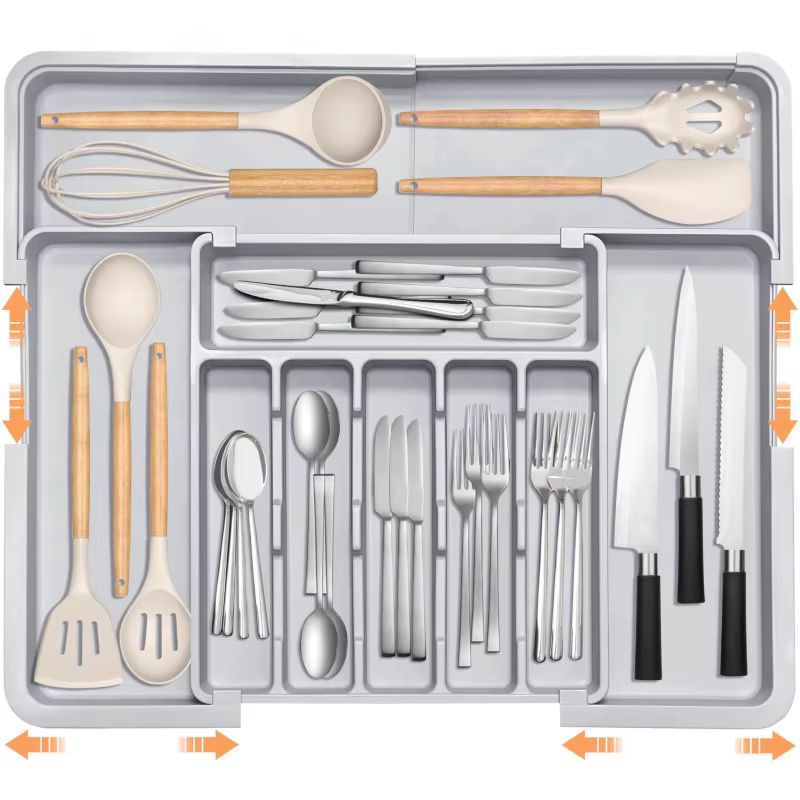 Organisateur de tiroir de cuisine extensible gris, 9 compartiments, grande boîte de rangement pour c