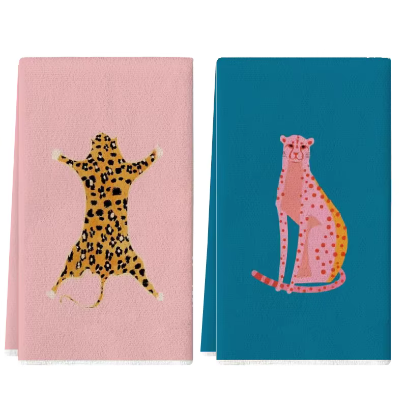 Lot de 2 serviettes de cuisine double léopard rose et bleu, ensemble de serviettes 40 cm x 60 cm, me