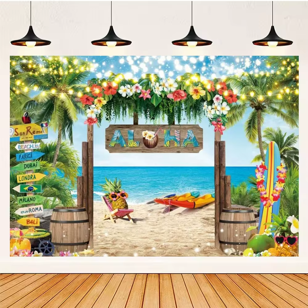 Fournitures de fête hawaïenne d'été, bannière de fond, décoration Aloha, cocotier, planche de surf, 