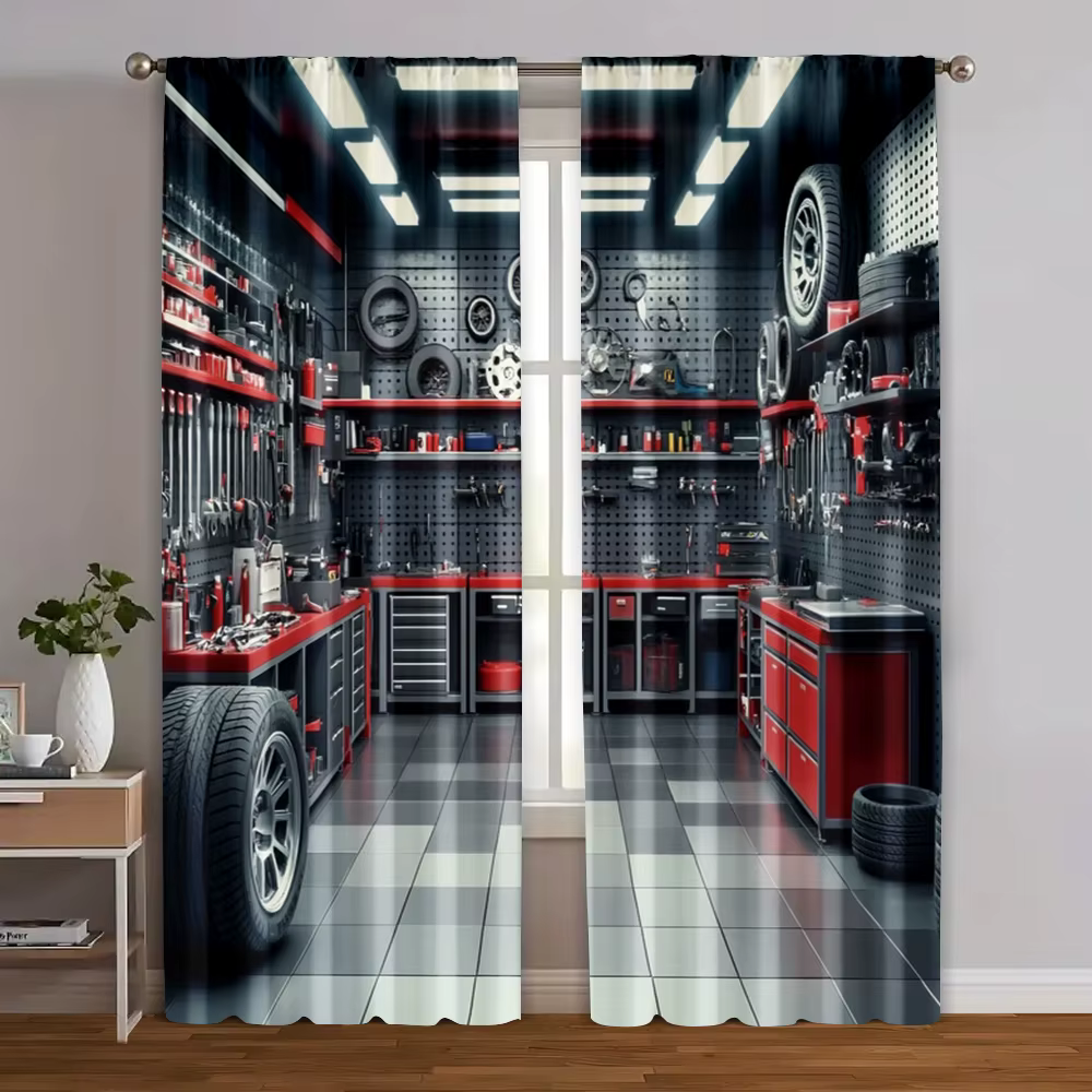 2 pièces, Rideaux imprimés numériquement, Outils de garage, Atelier, Polyvalents, 100% Polyester (sa