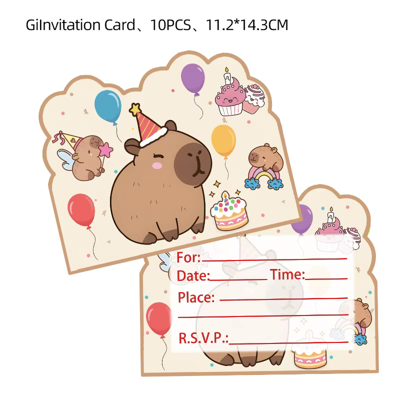 Invitations en papier de fête Capybara de dessin animé, décoration d'anniversaire pour fête d'annive