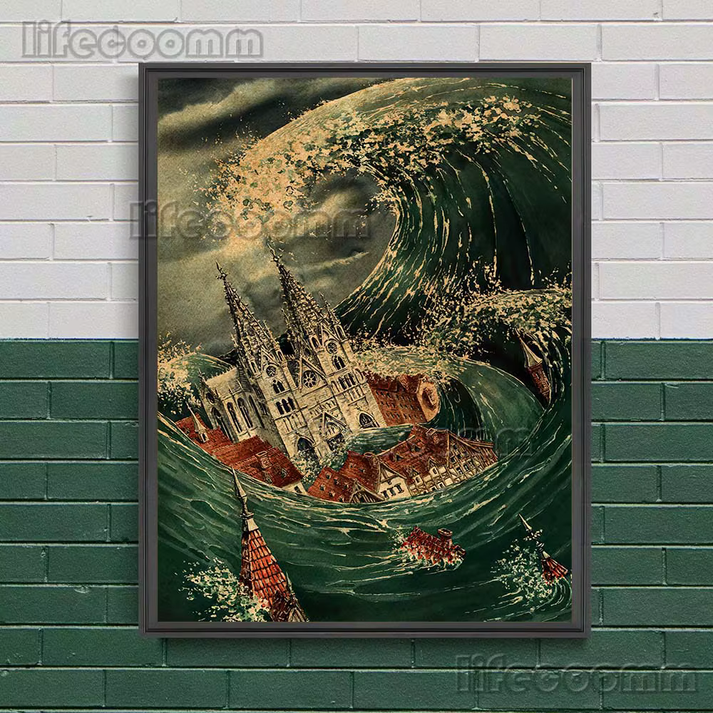 Toile d'art mural rétro château côtier, peinture sur toile, maison de sorcière de terreur, affiche d