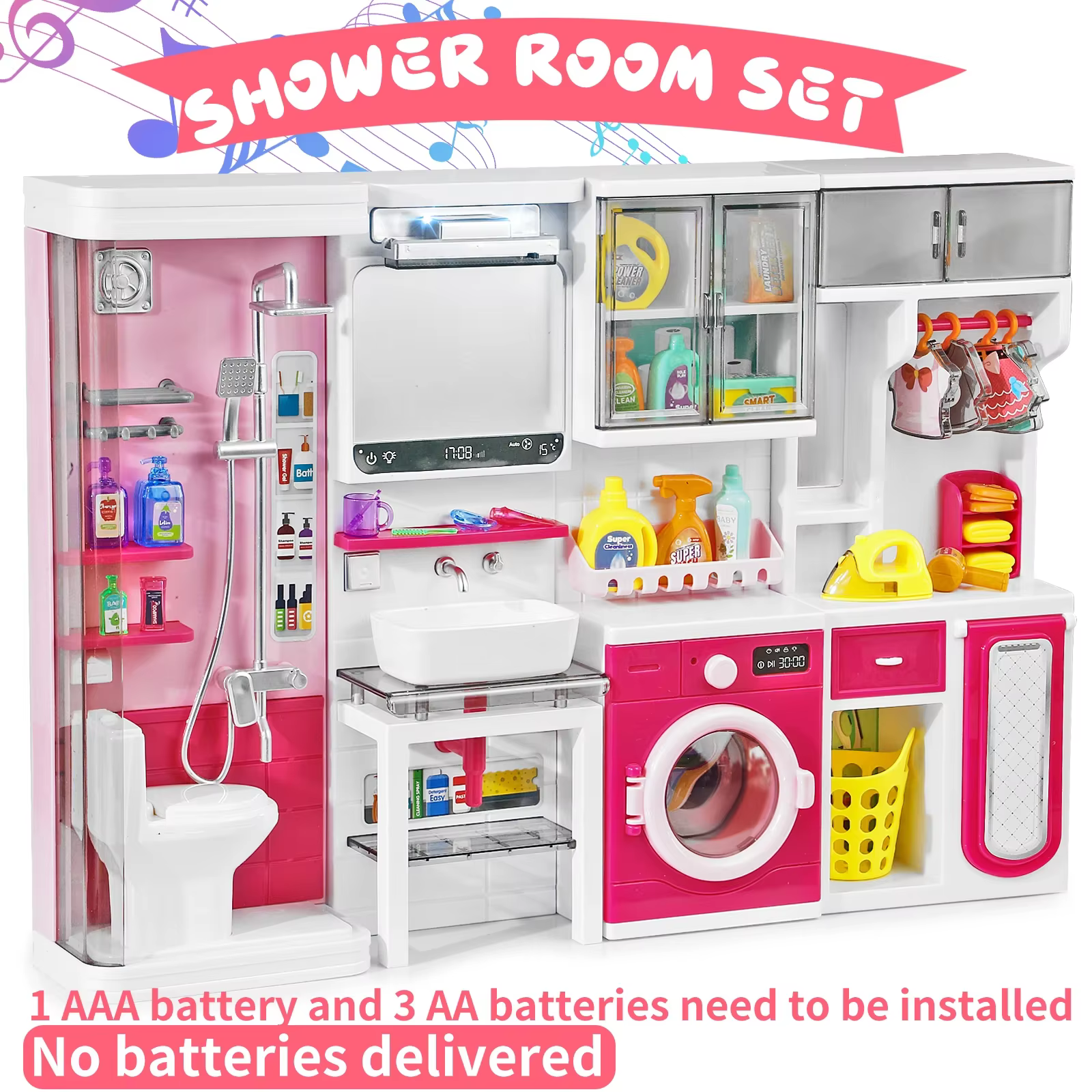 Ensemble de jeu de rôle de salle de bain rose avec vanité de douche, armoire à linge, planche à repa