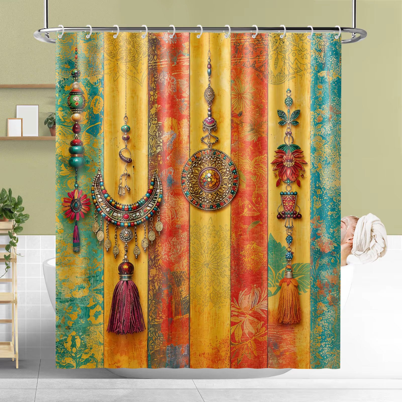 Rideau de douche Vintage Boho coloré de style indien, avec crochet, tissu en Polyester imperméable, 