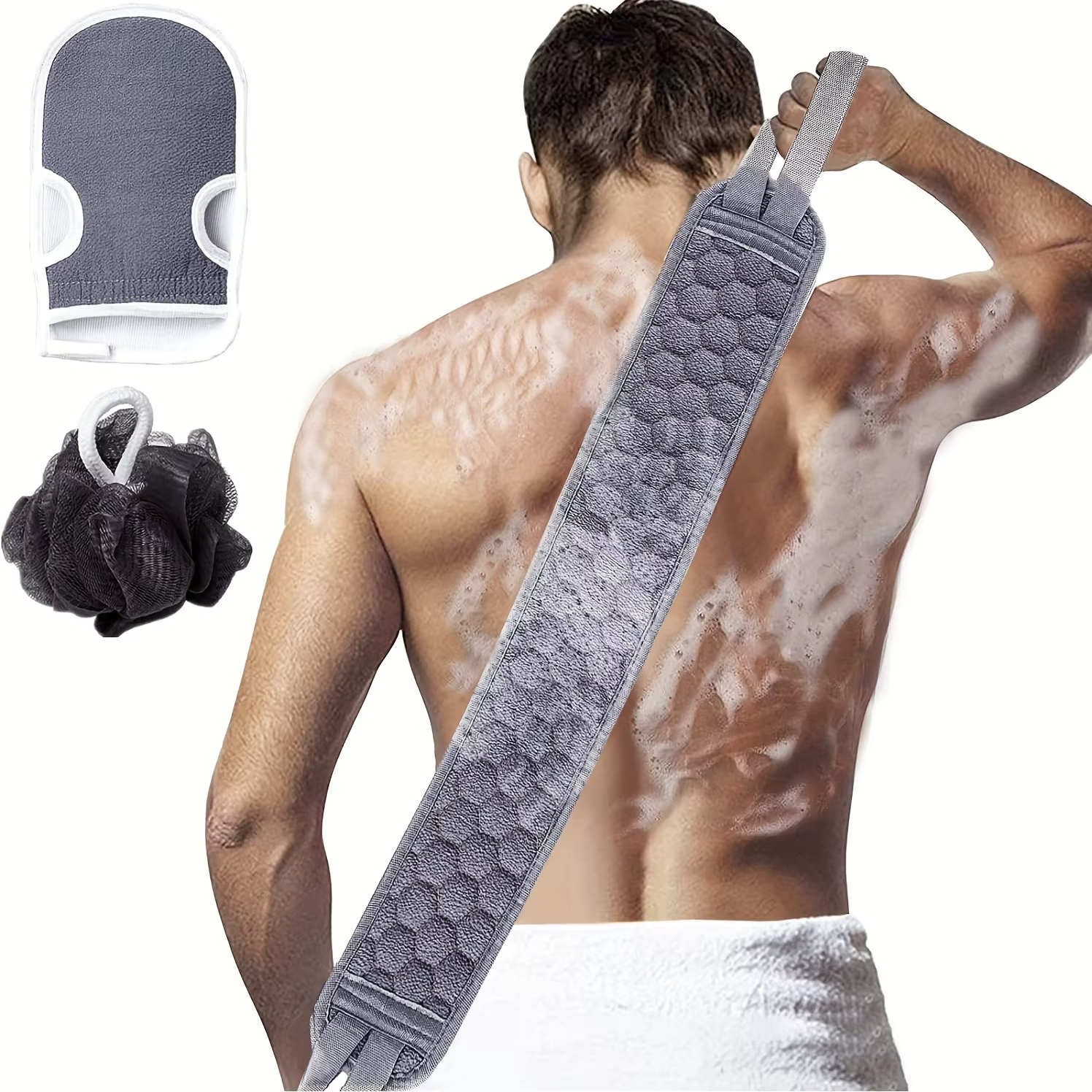 Ensemble d'épurateur corporel exfoliant – comprend un épurateur de dos, un gant de bain et une épong