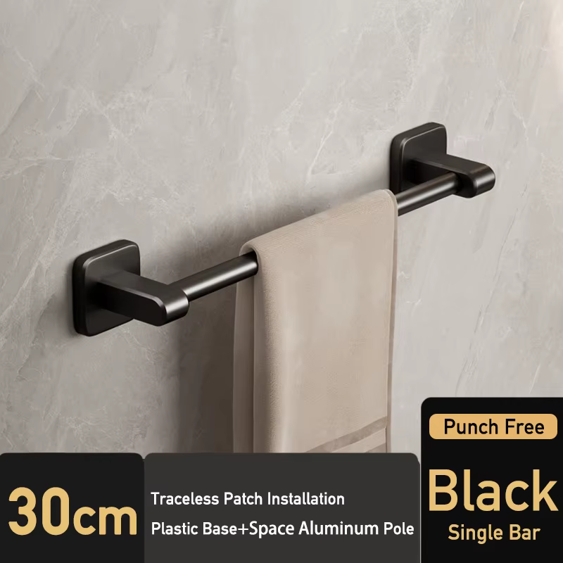 Porte-serviettes mural noir pour salle de bain, sans perçage, 40/50 cm, barre à serviettes de cuisin