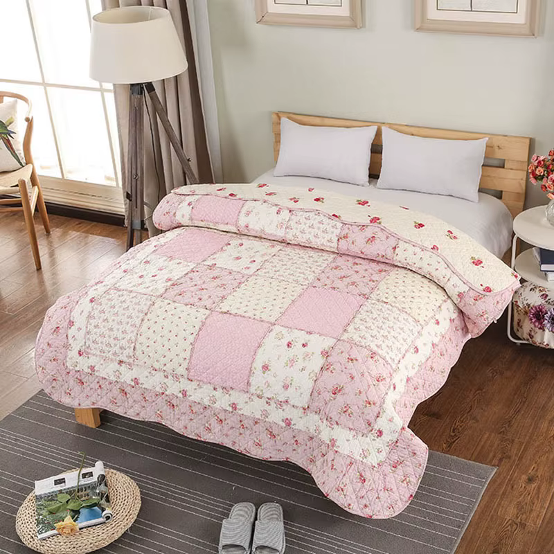 Couette en patchwork floral rose – Couverture réversible 100% coton pour canapé de lit, couvre-lit l
