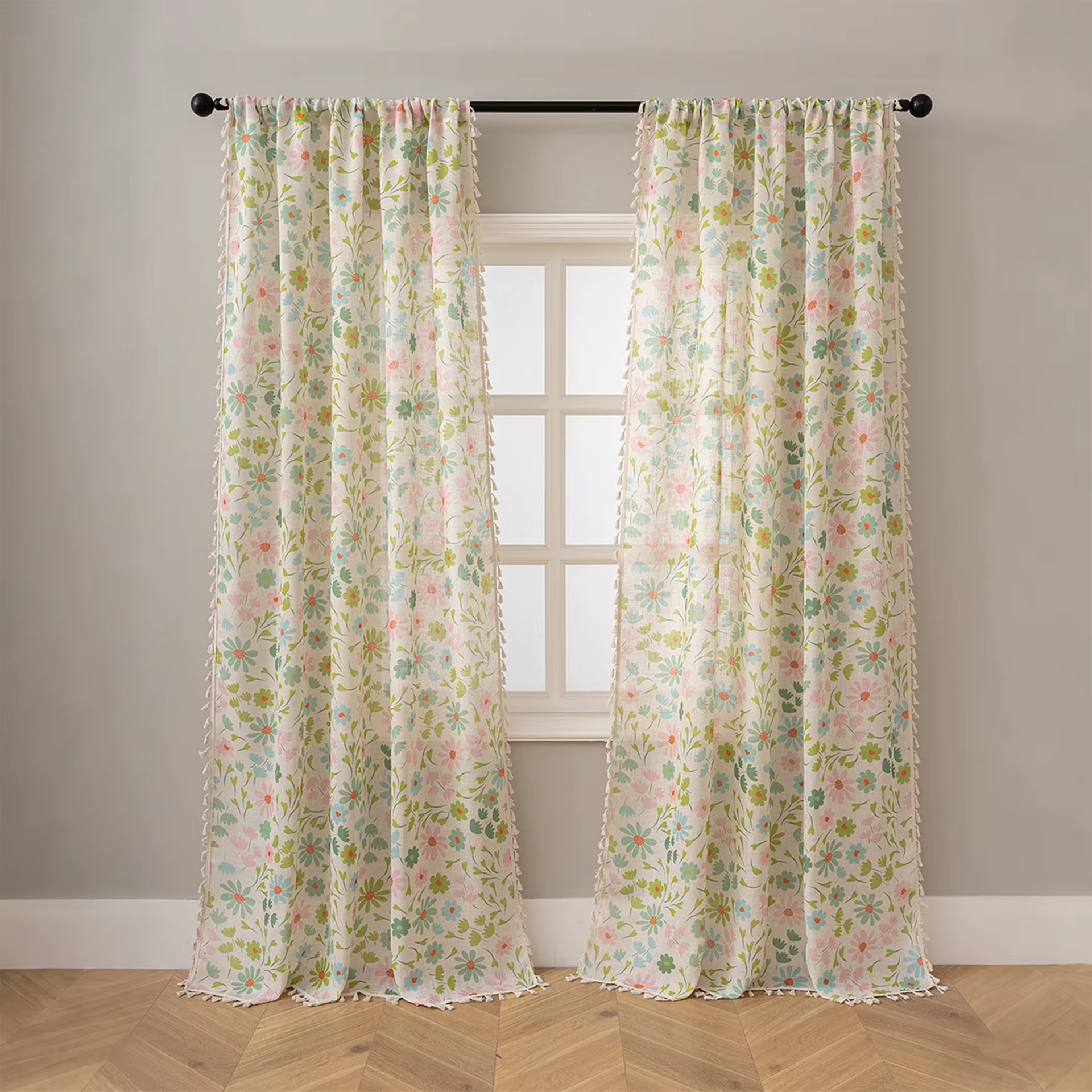 1PC Rideau floral pastoral semi-transparent en lin pour décoration intérieure, rideau de fenêtre de 