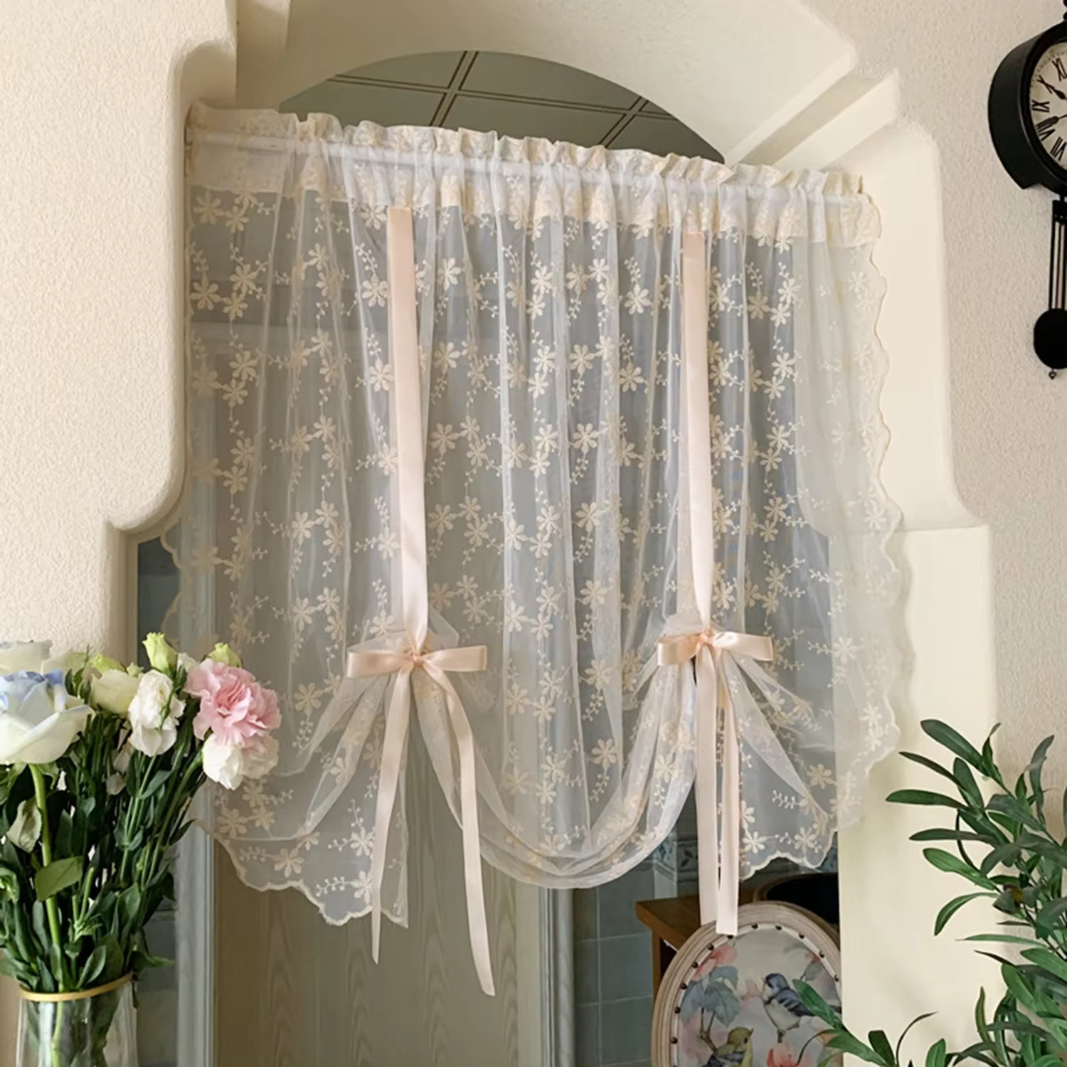 Rideau de levage en dentelle avec ruban Floral Beige, Style romantique pour petite fenêtre de balcon