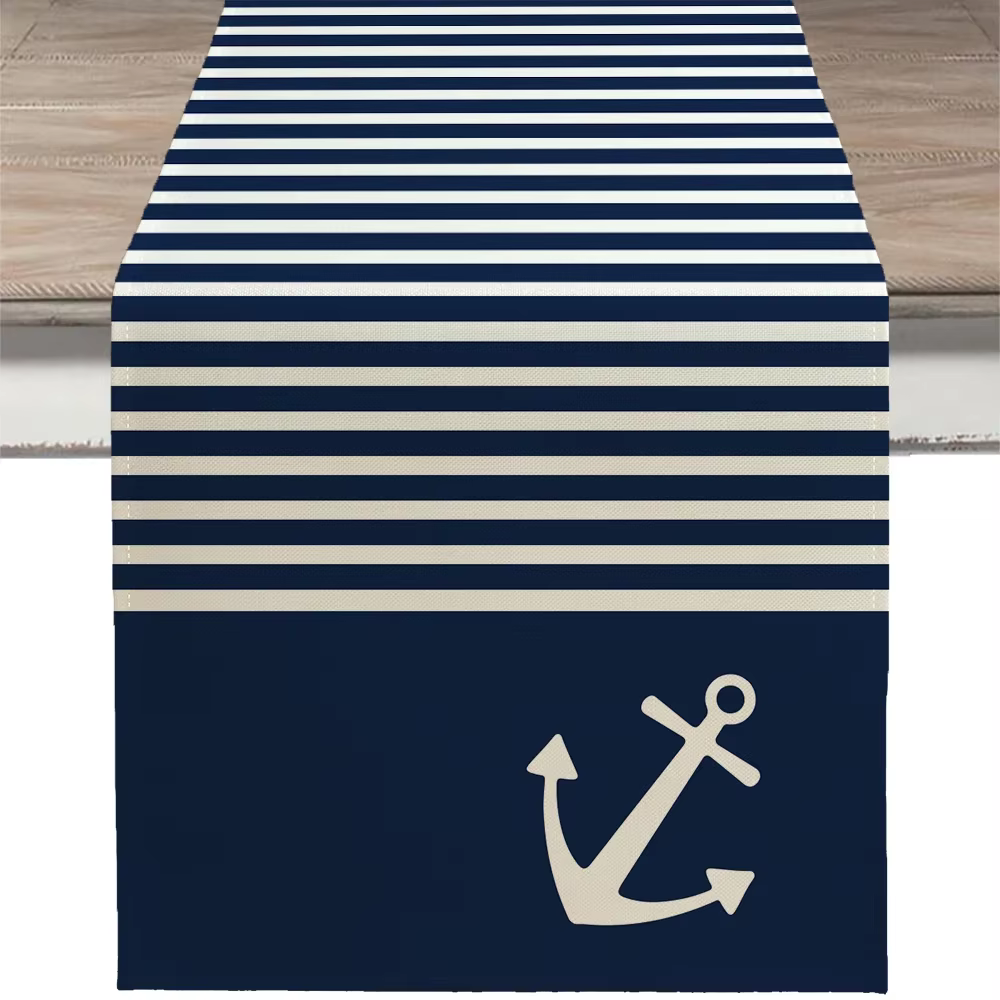 VIKAMA Chemin de table nautique pour table à manger, motif ancre de bateau et boussole, décoration d