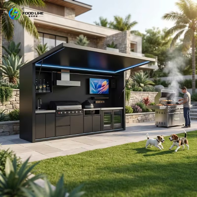 Cuisine extérieure personnalisée avec armoire et pergola, îlot de cuisine toutes saisons avec grill 