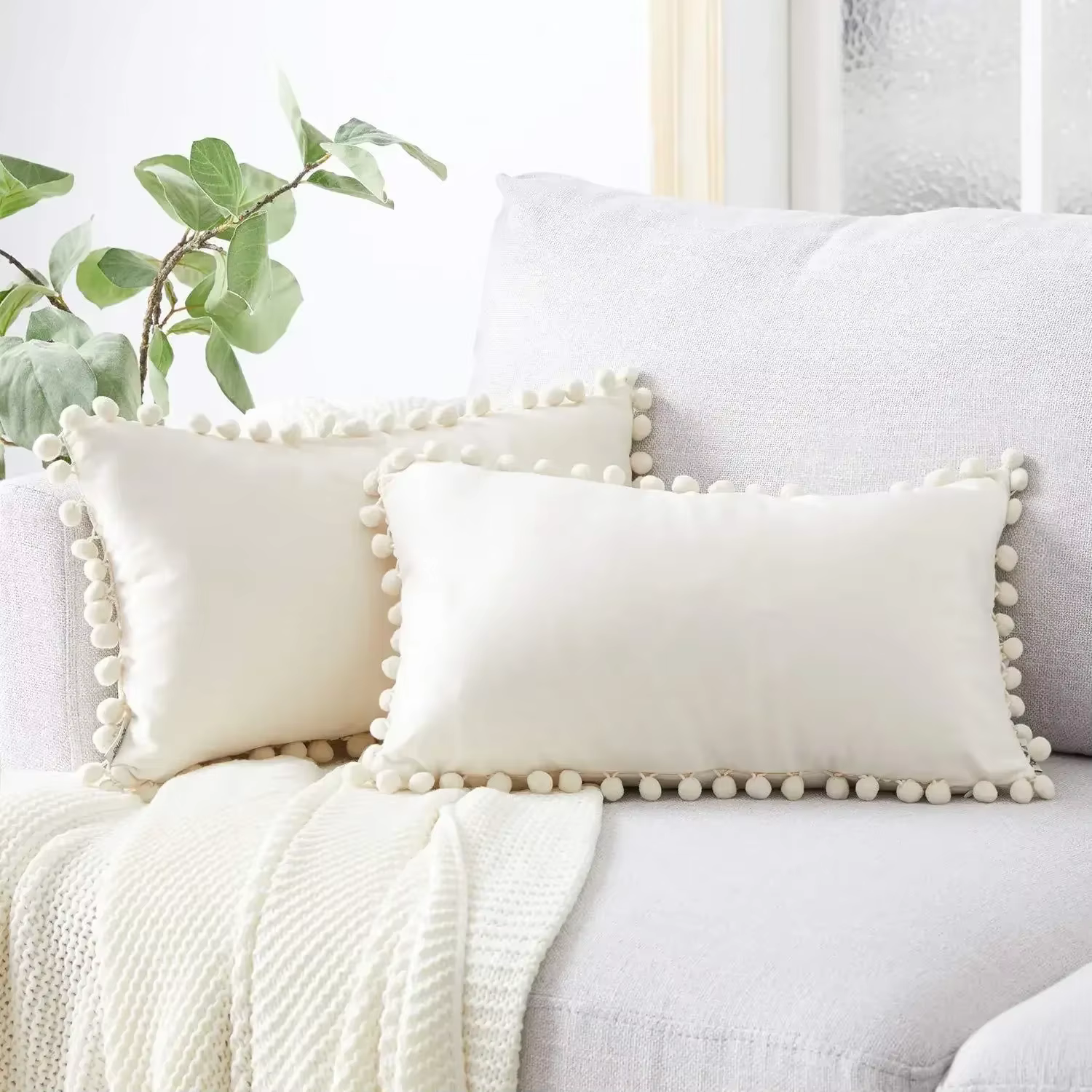 Housse de coussin Beige rose bleu, 30x50/45x45cm, coussin décoratif en velours avec boule, décoratio