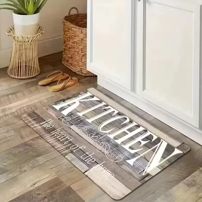 VIKAMA Lot de 2 tapis de cuisine rustiques à motif bois, antidérapants, résistants à l'huile, lavabl
