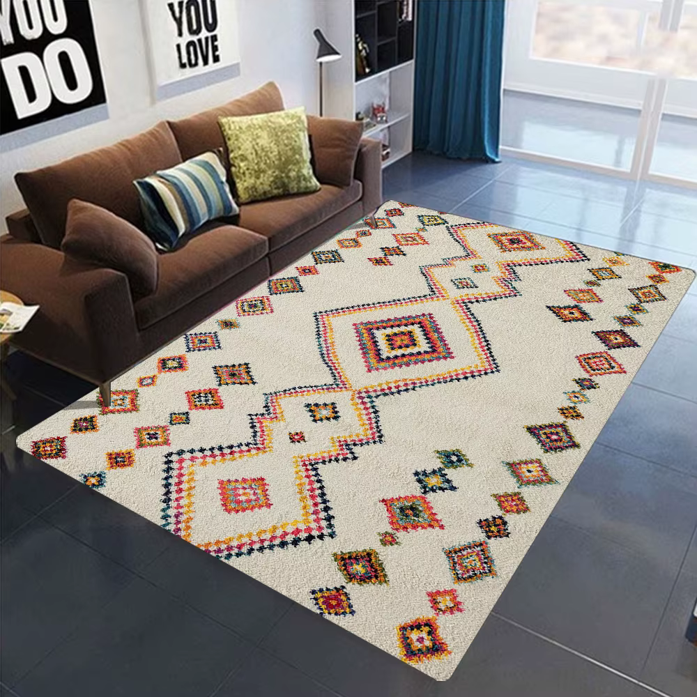 Tapis ethnique bohème, motifs géométriques tribaux colorés assortis, décoration d'intérieur, tapis d