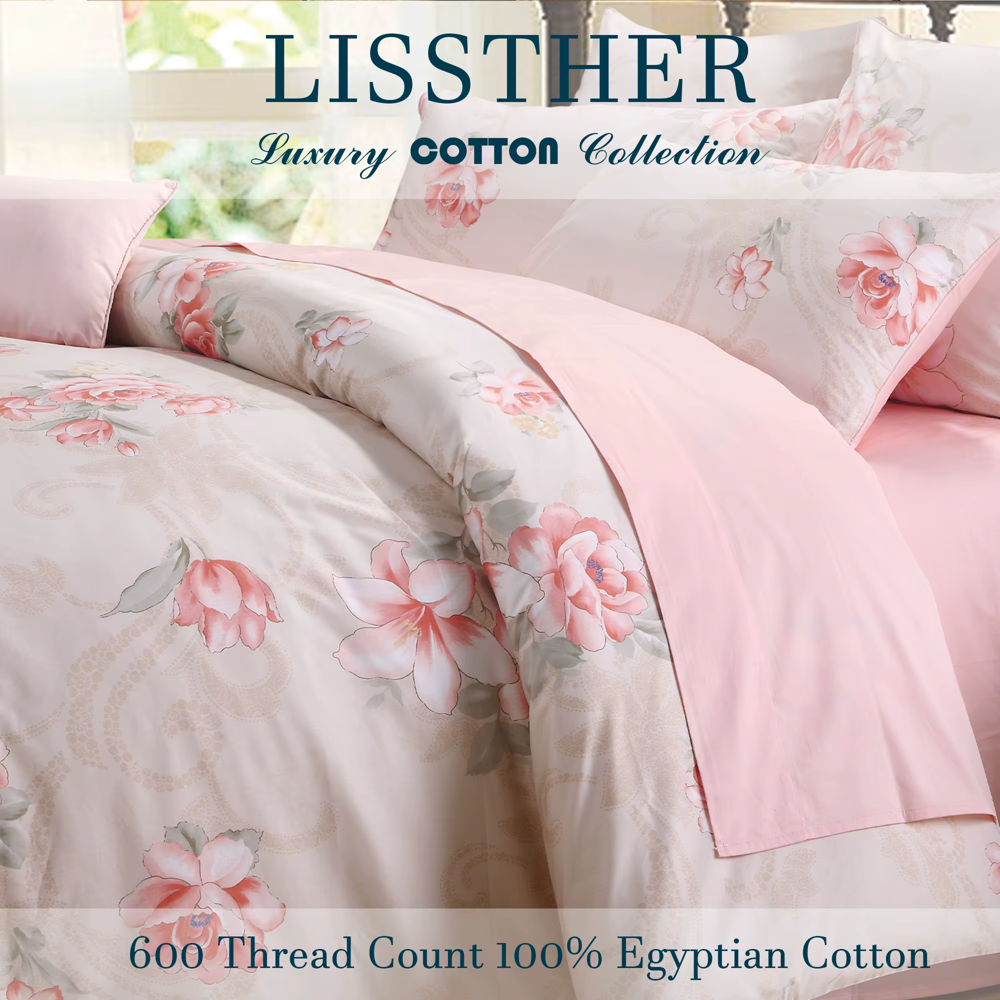Ensemble de housse de couette 100% coton égyptien 600TC, 3 pièces, motif Rose floraison, doux pour l