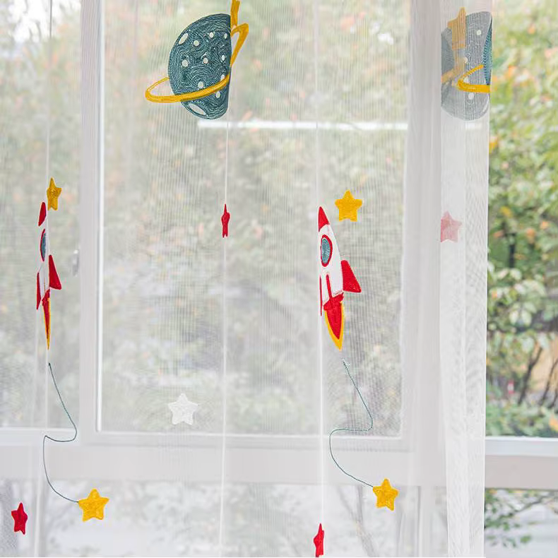 Rideau Moderne Bleu Foncé pour Chambre d'Enfant Garçon, Motif Planètes et Fusées Brodés, Occultant à