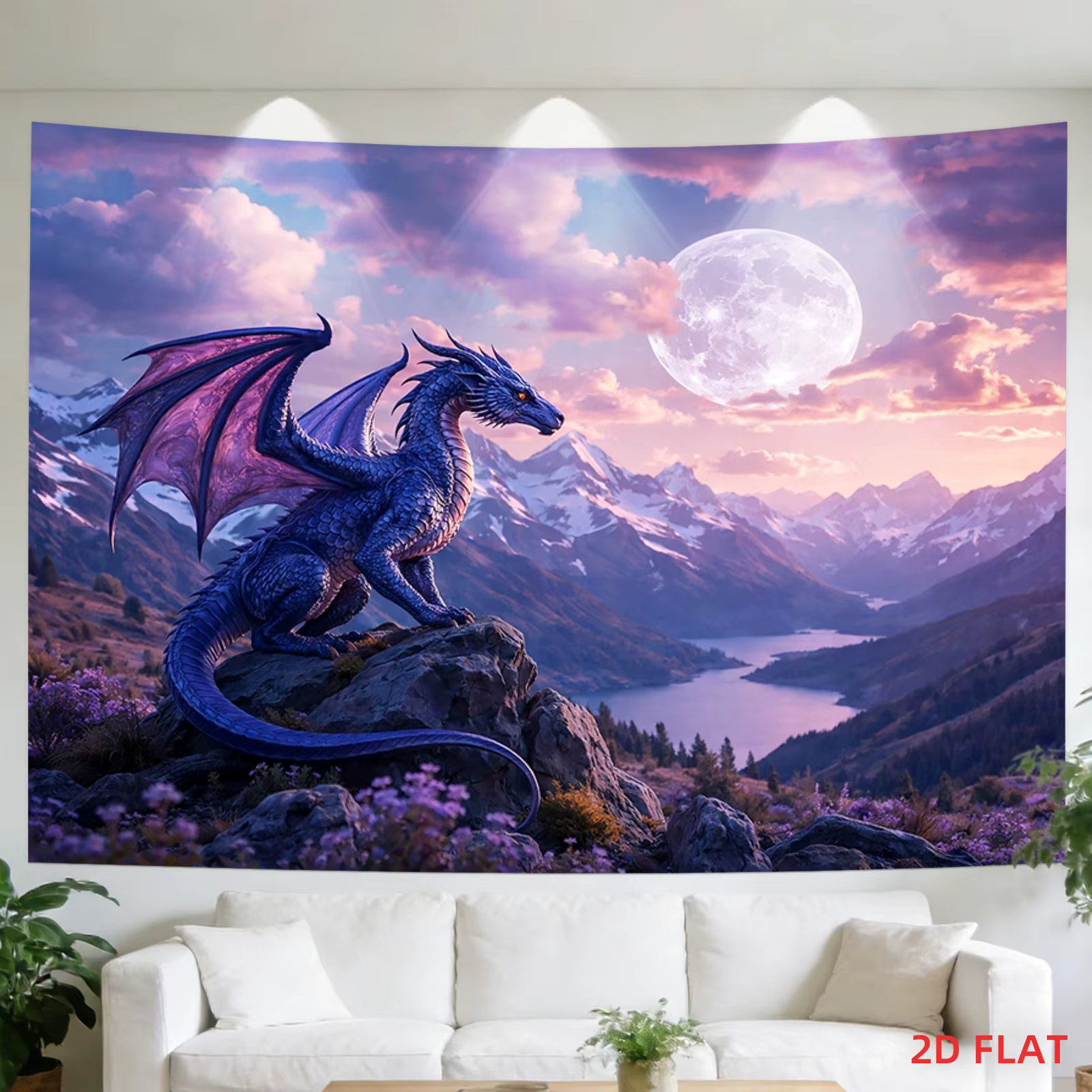 Tapisserie murale Dragon bleu sur falaise de montagne avec lune pleine et lac, 180x280cm, décoration