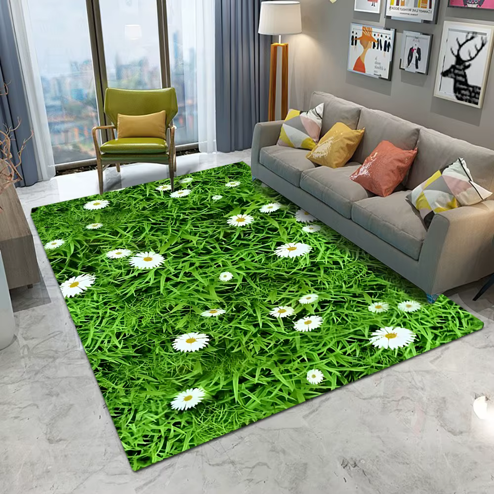 Tapis réaliste en herbe et fleurs sauvages 2026, décoration de jardin naturel, antidérapant, lavable