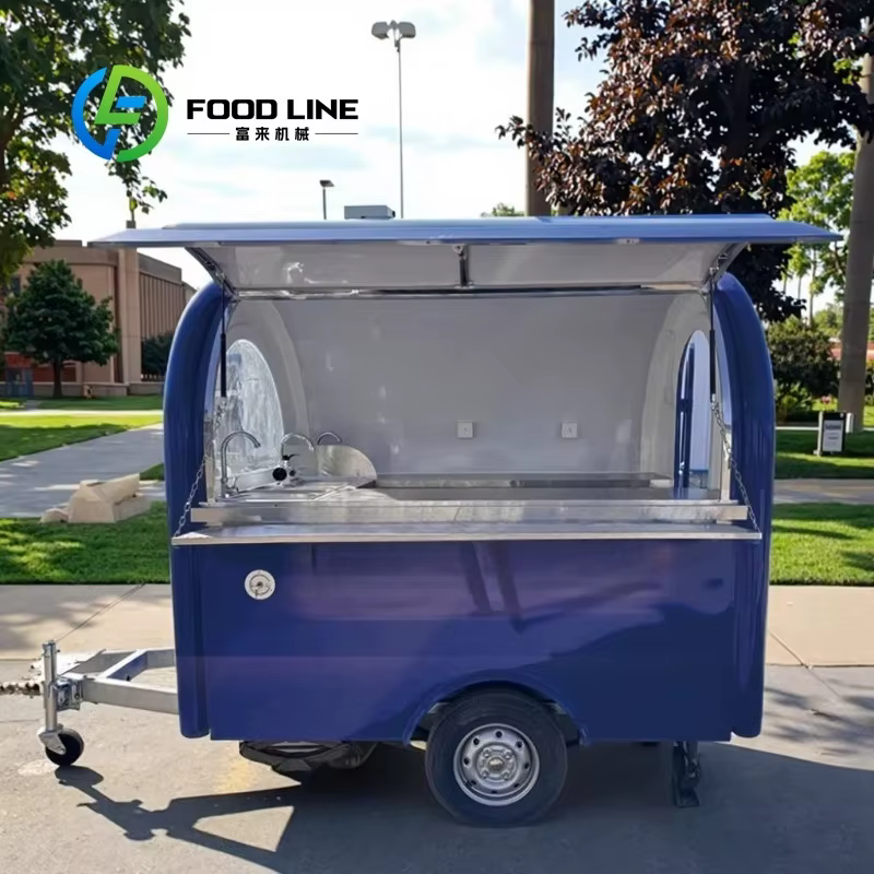 Nouveau camion alimentaire populaire en fibre de verre bleue, remorque de boulangerie de cuisine Mob