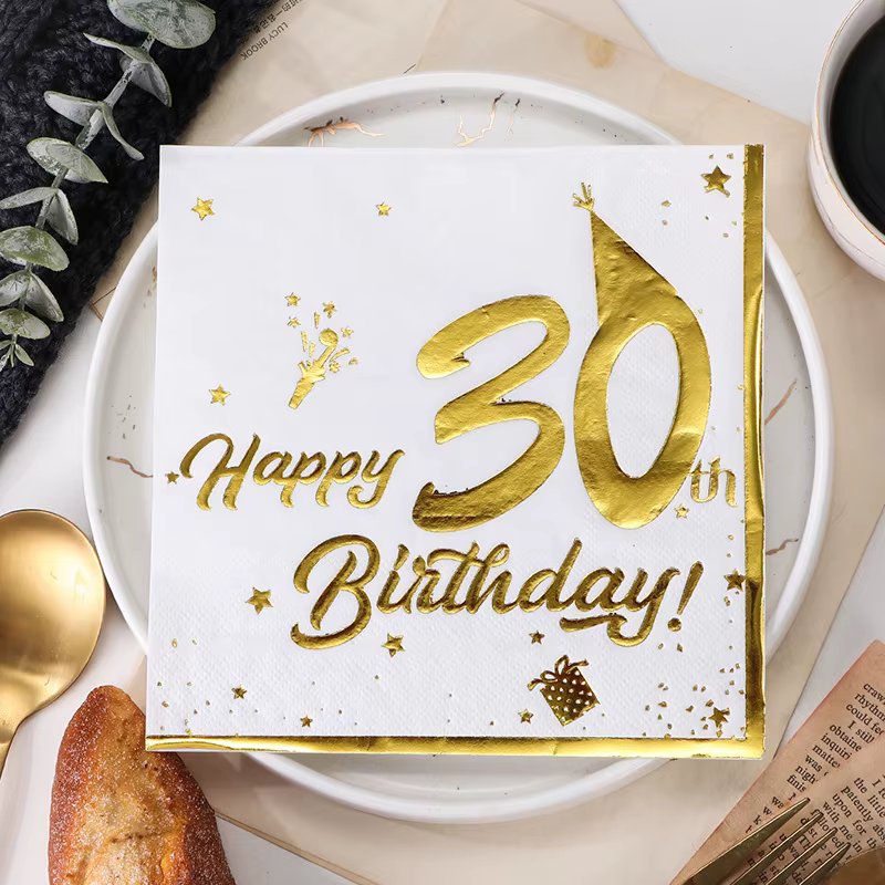 Serviettes joyeux anniversaire, 20 pièces, vaisselle blanche et dorée, serviettes de fête, décoratio