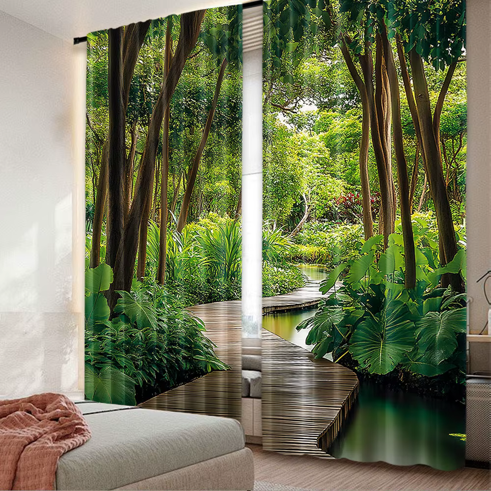 Rideau de Jungle en forêt profonde, 2 pièces, avec jetée en bois et rivière, Nature exotique rafraîc