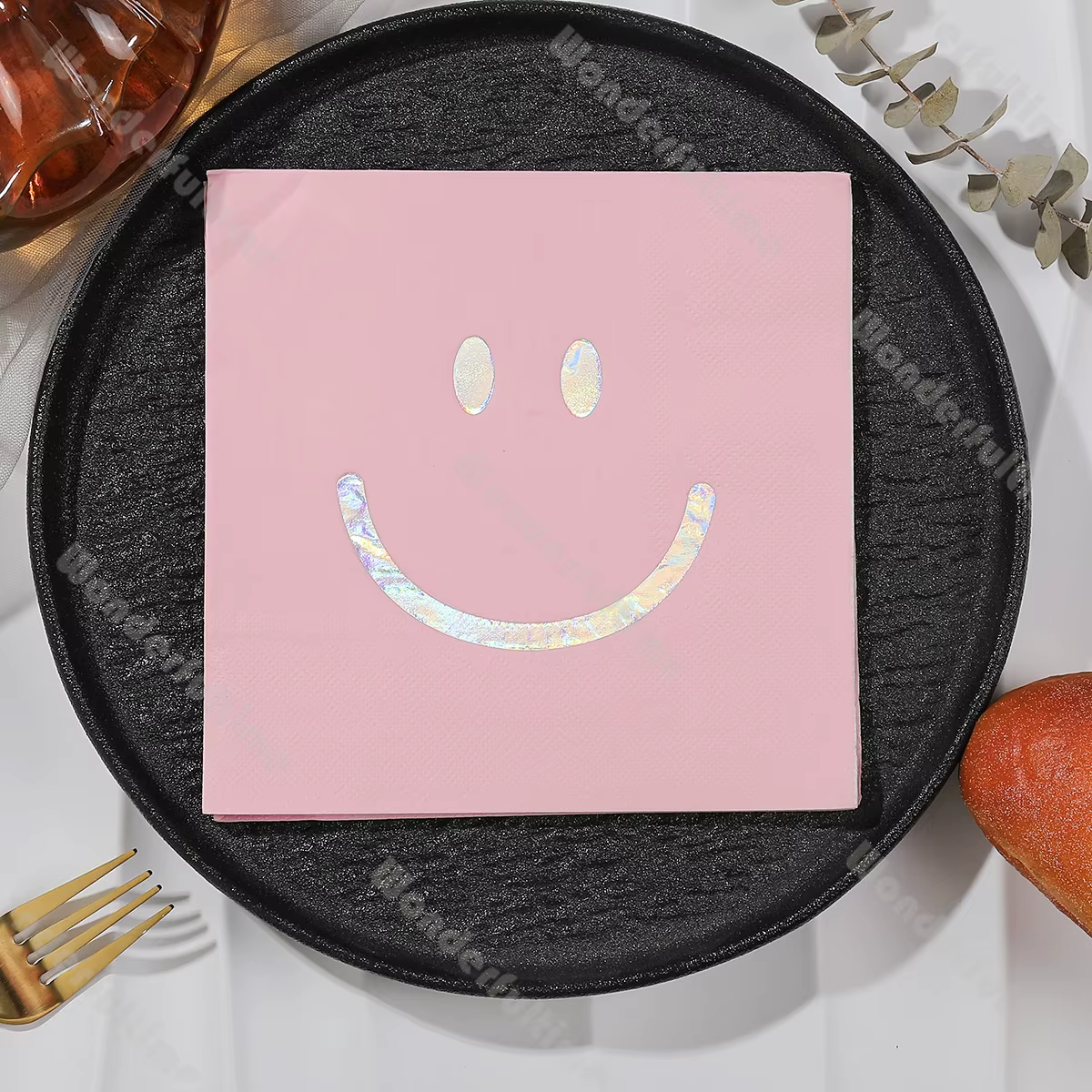 Lot de 20 serviettes en papier avec visage souriant, serviettes d'anniversaire, pastel, rose, violet