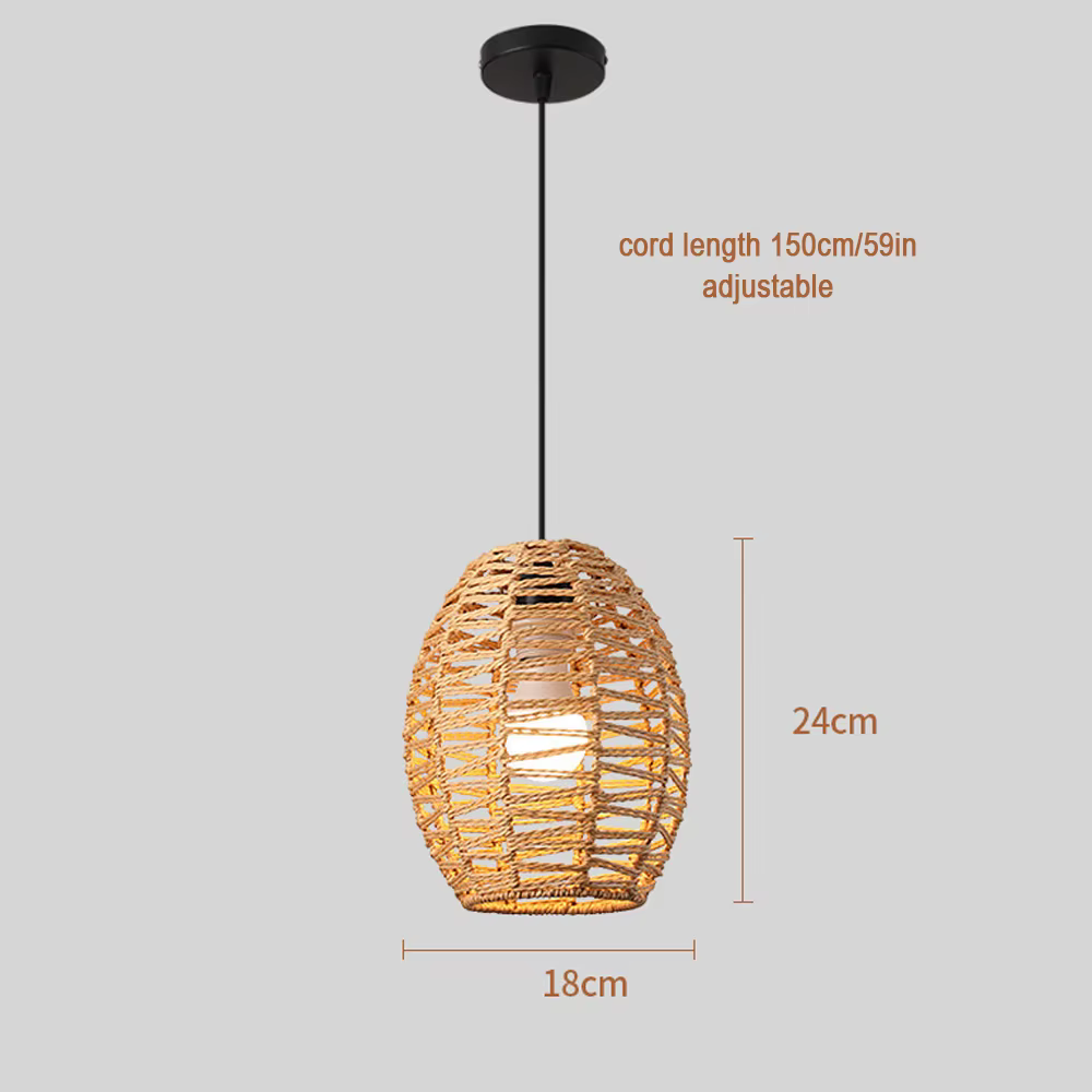 Lustre en rotin tissé à la main 18CM suspension réglable en hauteur Boho lampe suspendue pour salon 