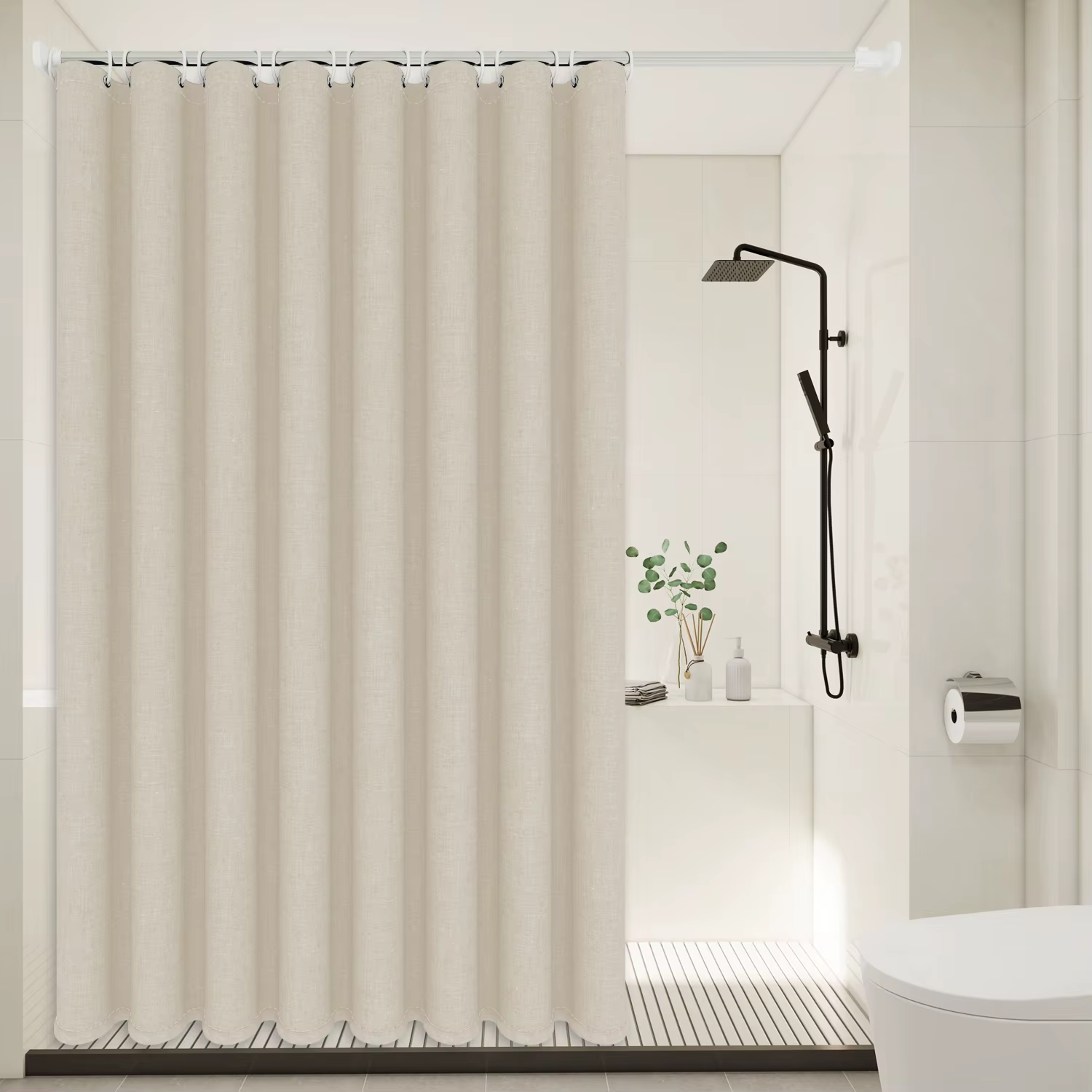 Rideau de douche beige style minimaliste à texture lin - Tissu polyester épais et robuste