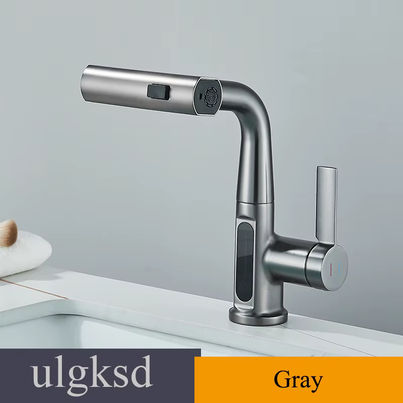 Robinet de lavabo de salle de bain à écran LCD, mitigeur multifonctionnel avec douchette extractible