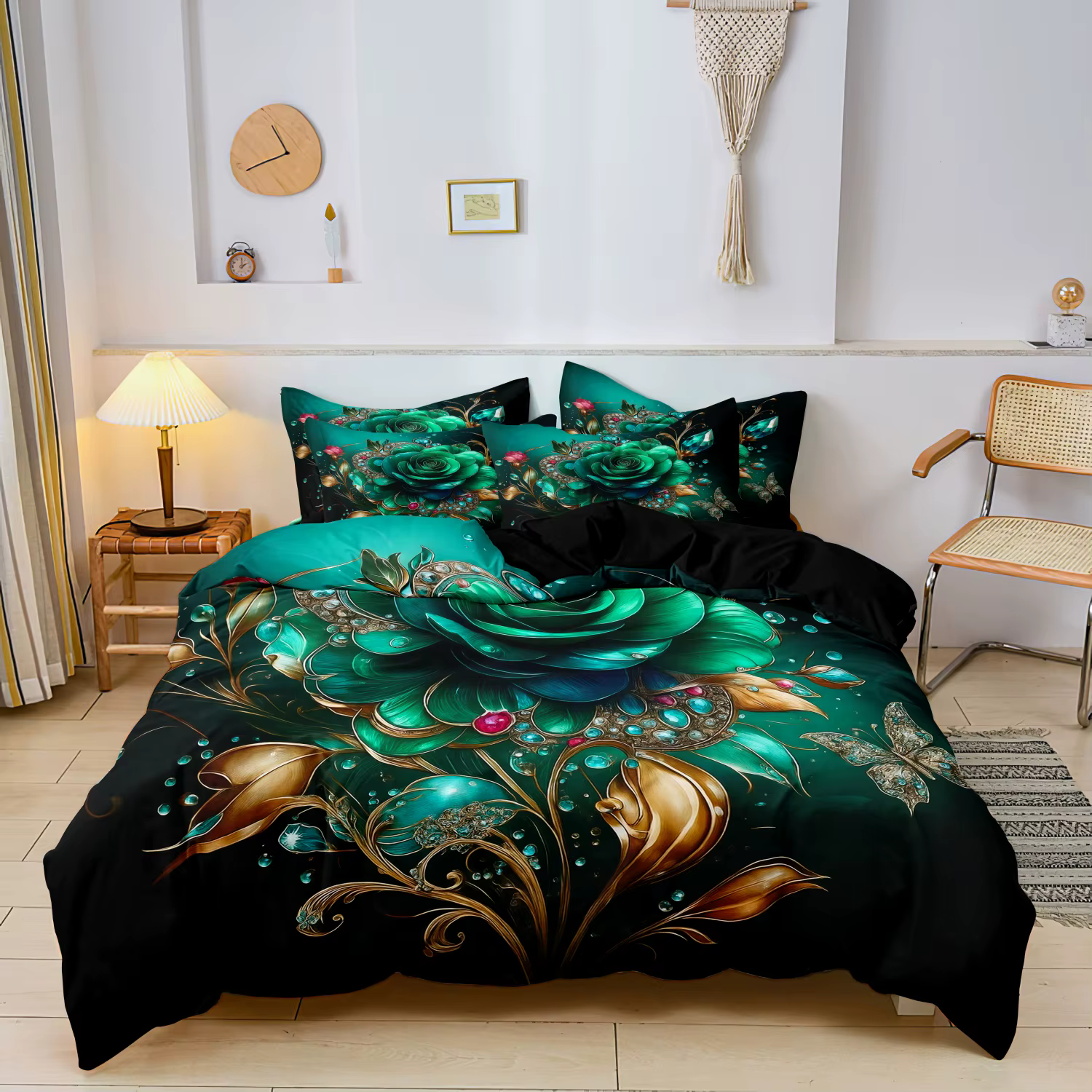 Parure de lit 3 pièces vert émeraude et rose florale dorée-housse de couette de luxe à imprimé flora