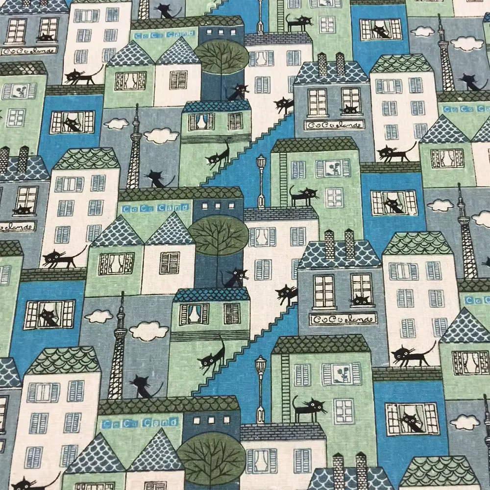 Tissu en toile de lin de coton imprimé à motif de chat et de maison, couture, décoration textile rét